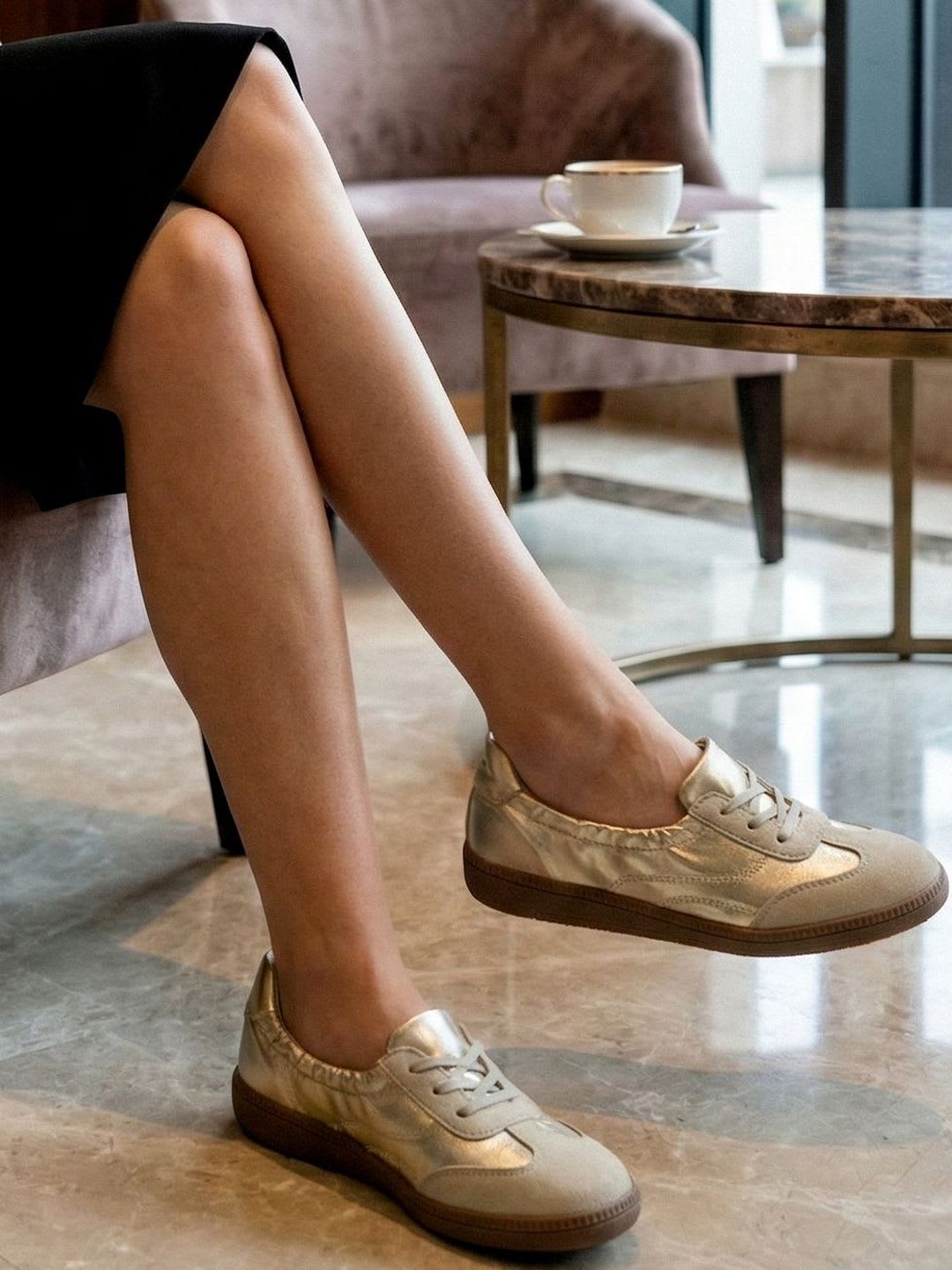 KazarMax Premium Women Gold PU Lightweight Casual Sneakers with Cushioned Footbed Shoes - left view