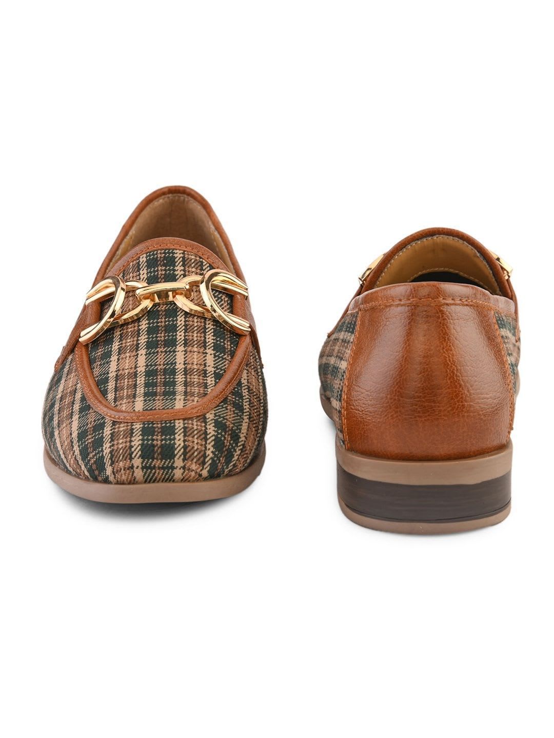 San Frissco Women Dark Tan Checkered Tartan Fabric Loafers - left view