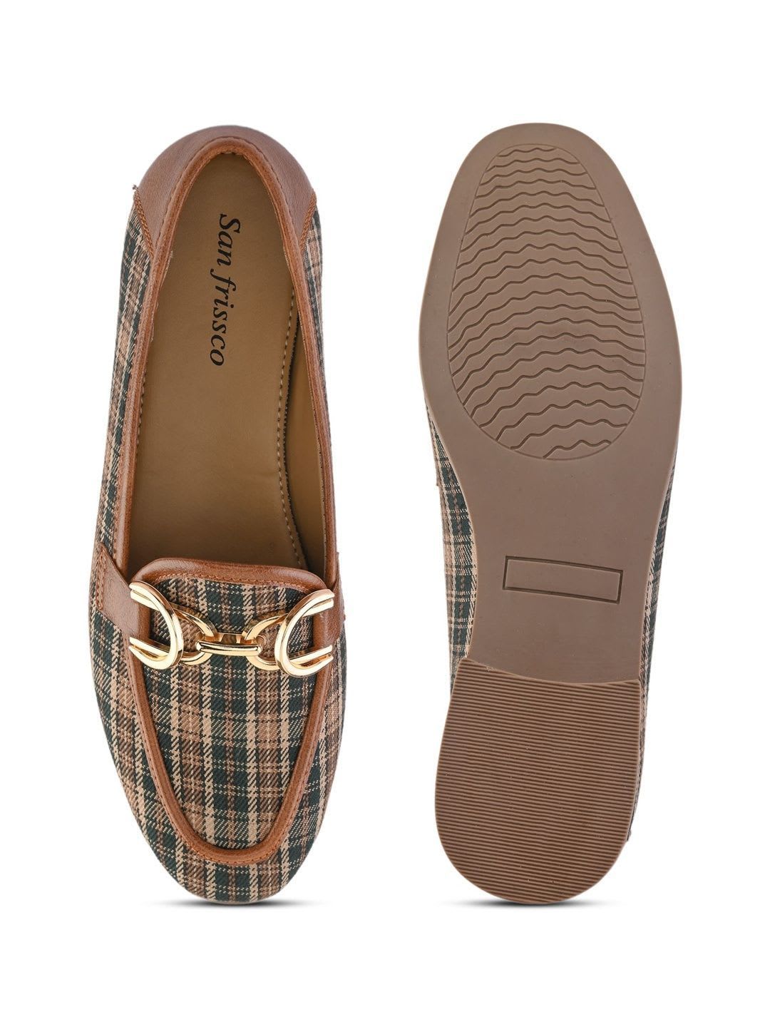 San Frissco Women Dark Tan Checkered Tartan Fabric Loafers - right view