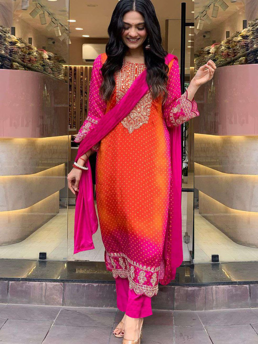 GoSriKi Bandhani Printed Sequinned Embroidery Work Kurta with Trousers & Dupatta - default view