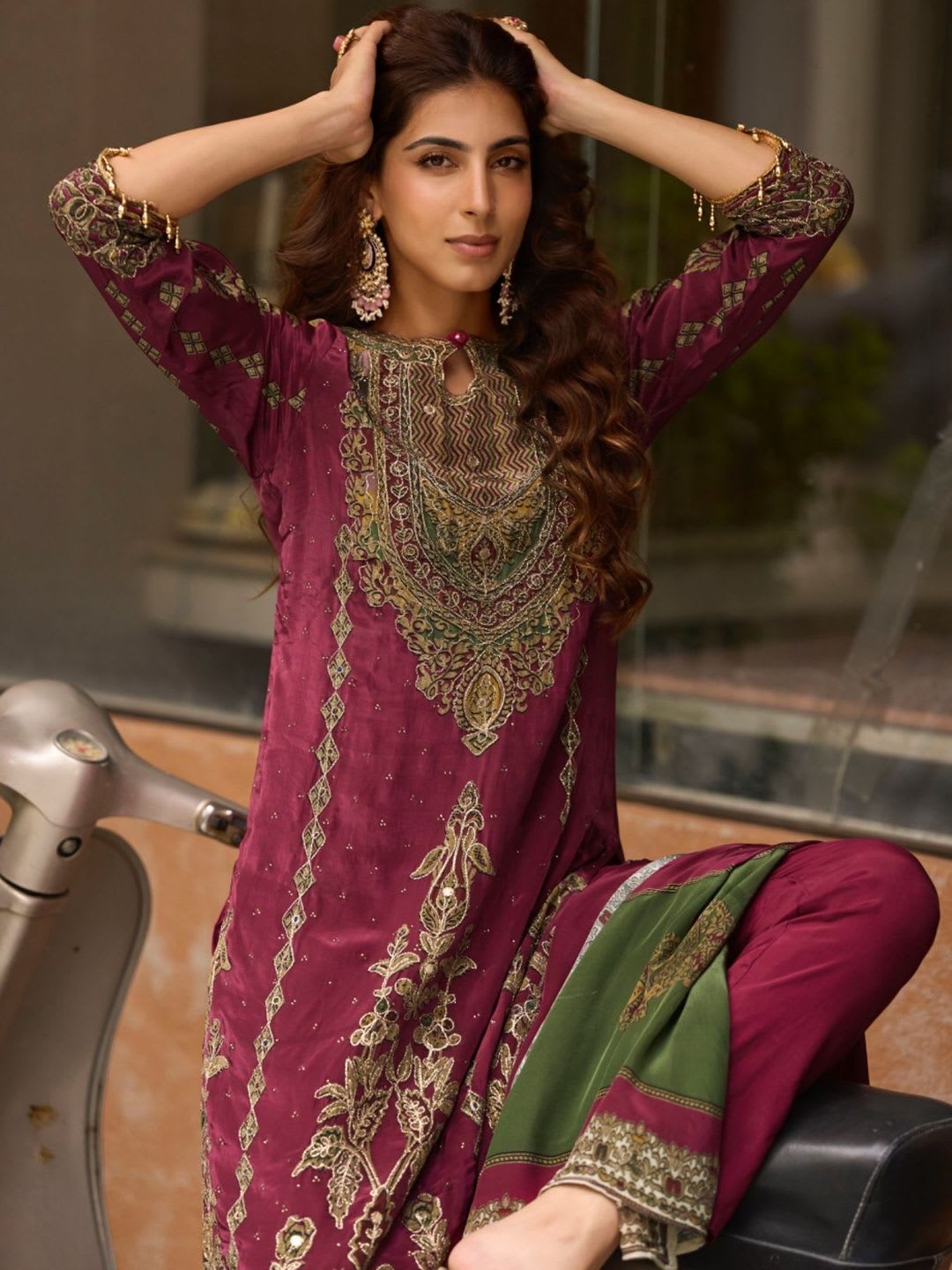 Anouk Women Ethnic Motifs Embroidered Regular Thread Work Silk Crepe Kurta with Trousers & With - left view