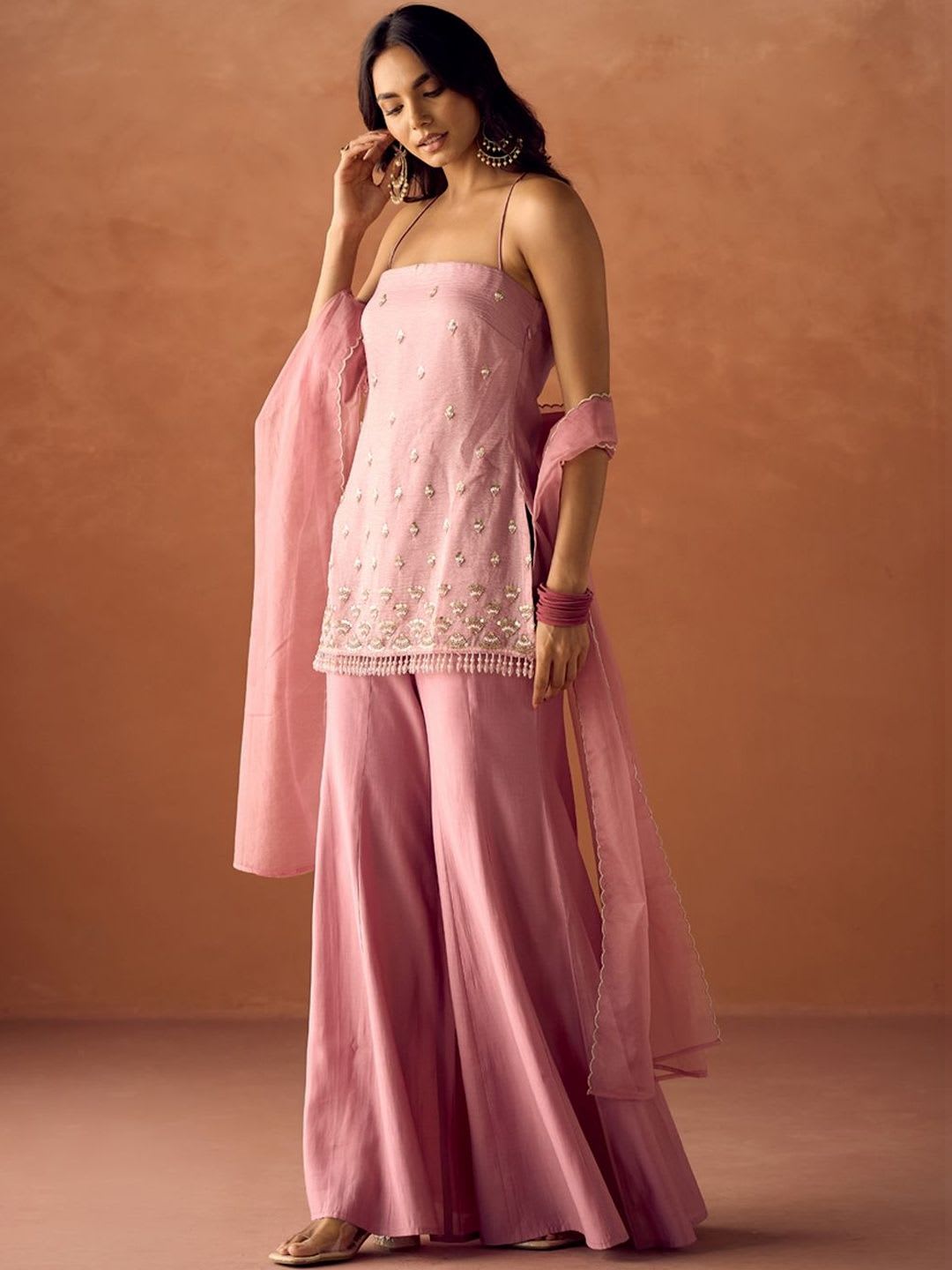 FIORRA Women Light Pink Crush Embroidered Organza Straight Kurta Set with Dupatta - right view