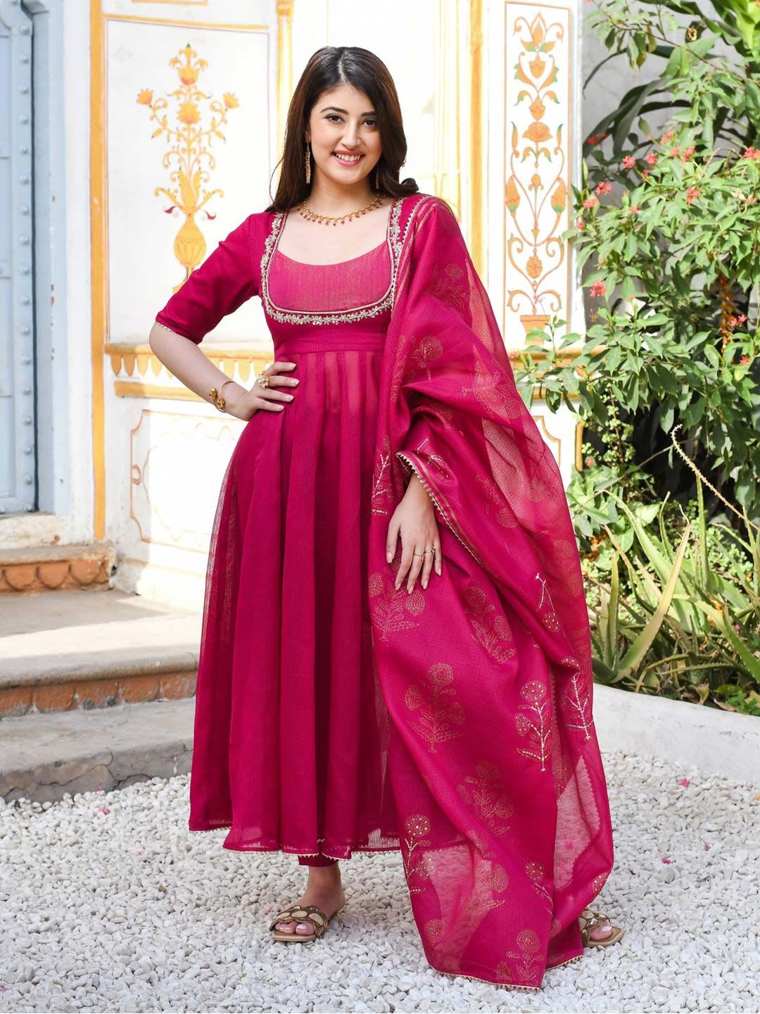 GoSriKi Thread Work Anarkali Kurta With Trouser & Dupatta - default view