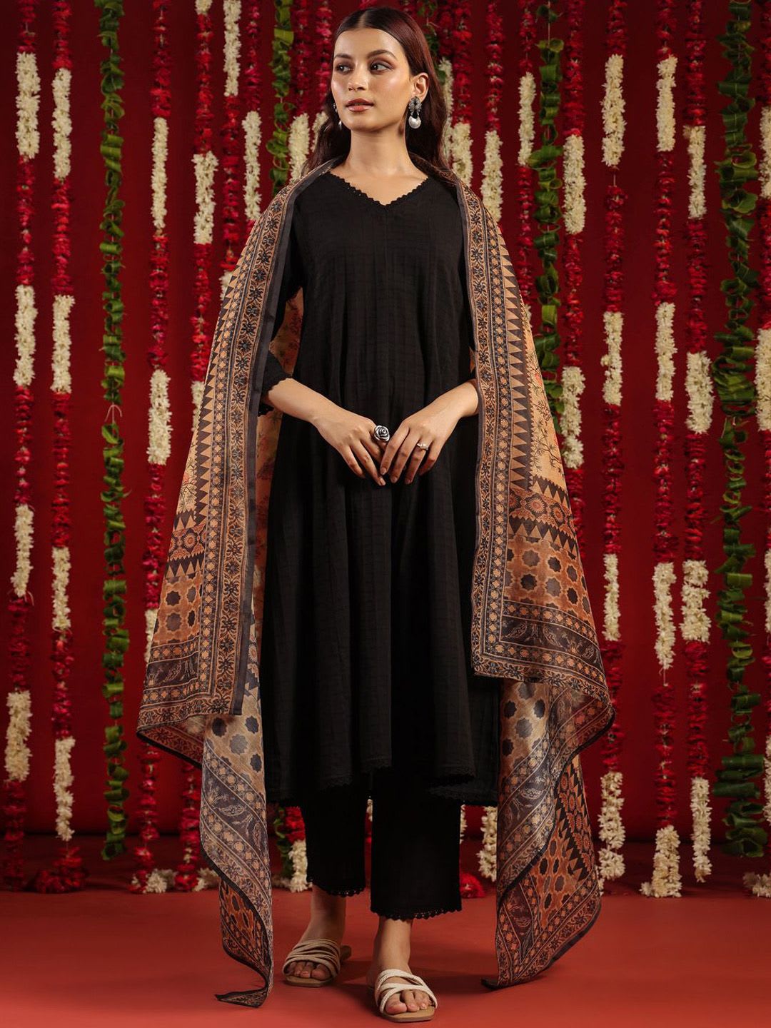 anayna Black & Orange Geometric Woven Design Cotton Anarkali Kurta with Trousers & Dupatta - default view