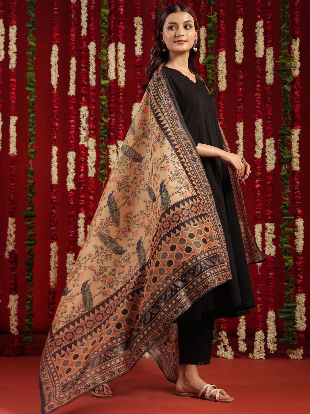 anayna Black & Orange Geometric Woven Design Cotton Anarkali Kurta with Trousers & Dupatta - back view