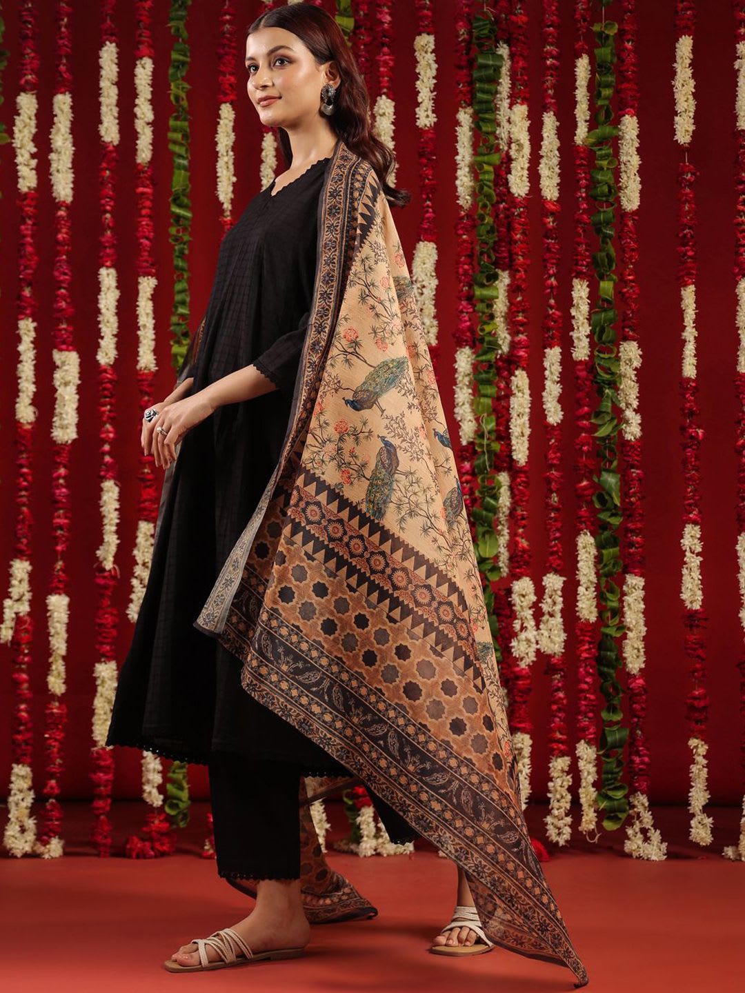 anayna Black & Orange Geometric Woven Design Cotton Anarkali Kurta with Trousers & Dupatta - right view