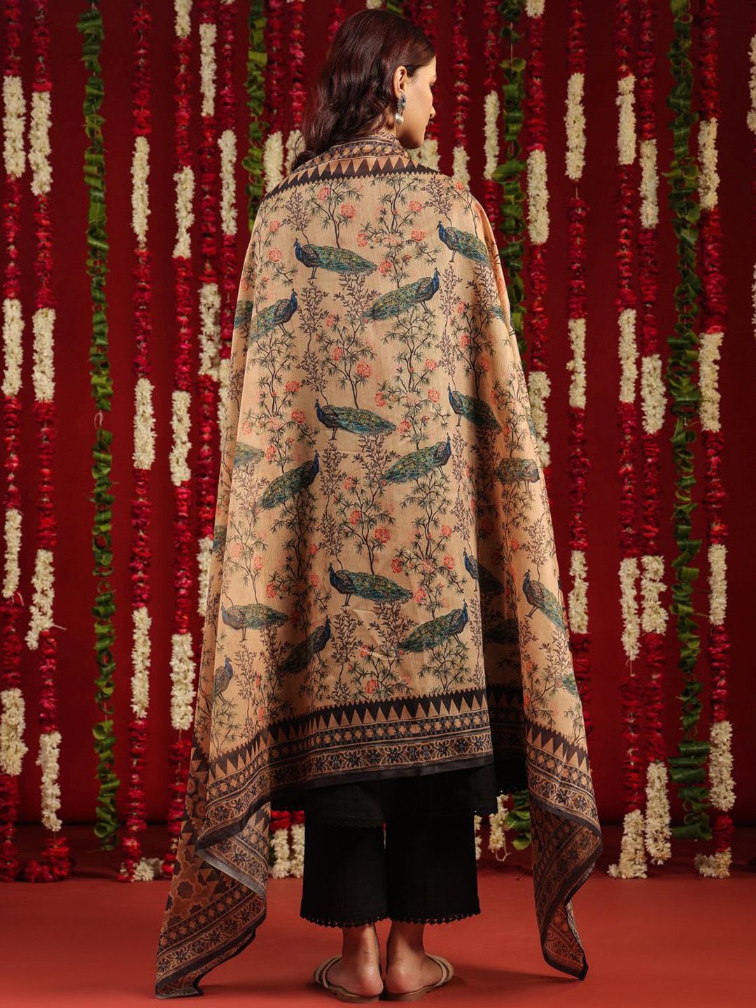 anayna Black & Orange Geometric Woven Design Cotton Anarkali Kurta with Trousers & Dupatta - left view