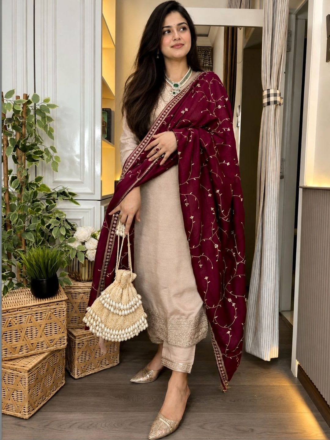 Anouk Rustic Women Embroidered Regular Kurta with Trousers & With Dupatta - back view