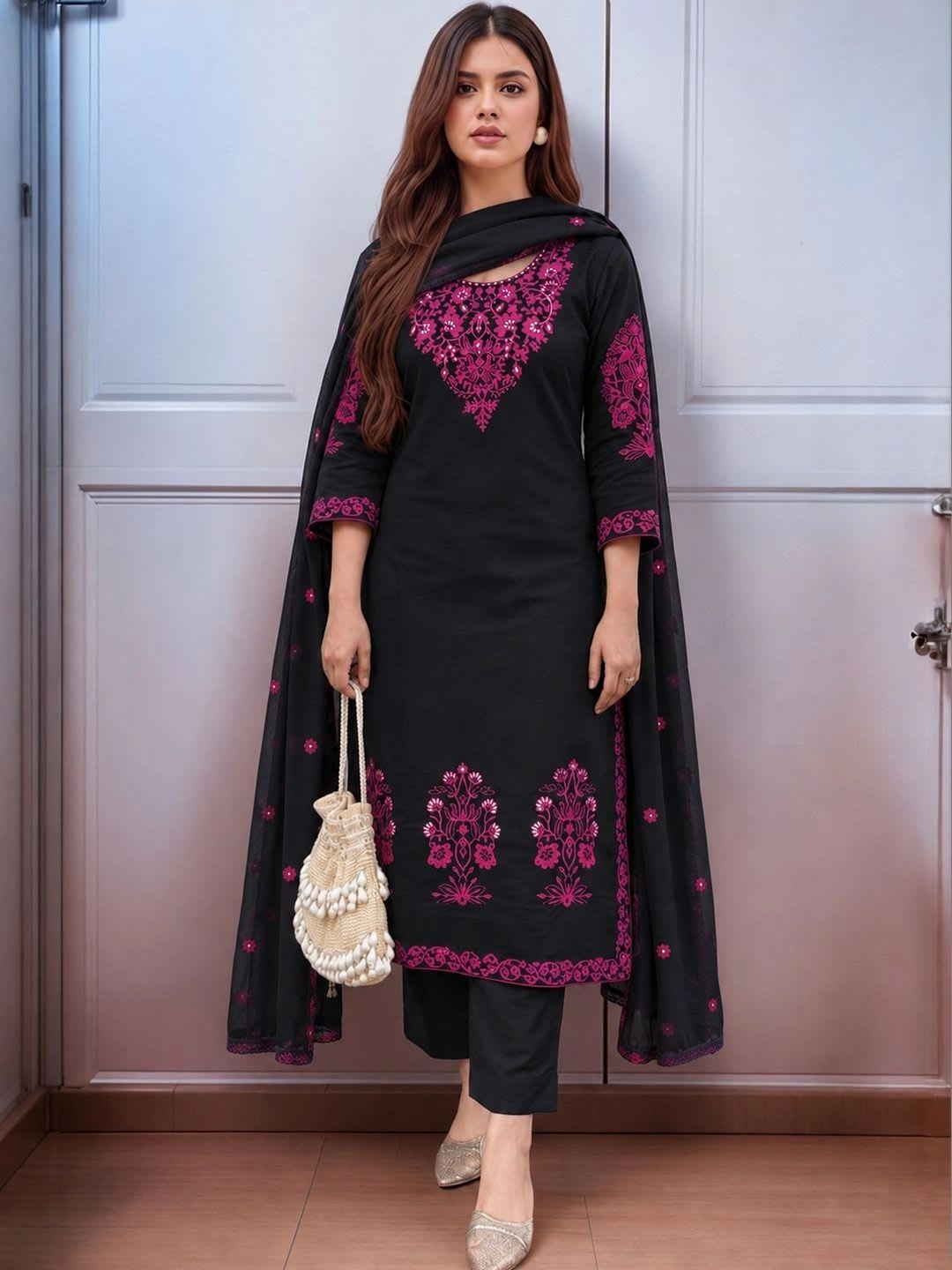 Aaghnya Women Ethnic Motifs Embroidered Regular Thread Work Kurta with Trousers & With Dupatta - default view
