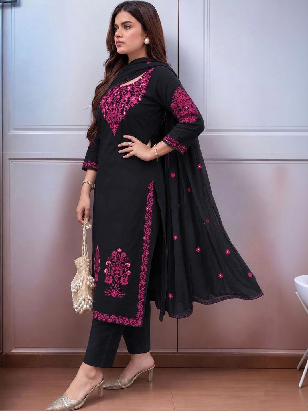 Aaghnya Women Ethnic Motifs Embroidered Regular Thread Work Kurta with Trousers & With Dupatta - back view