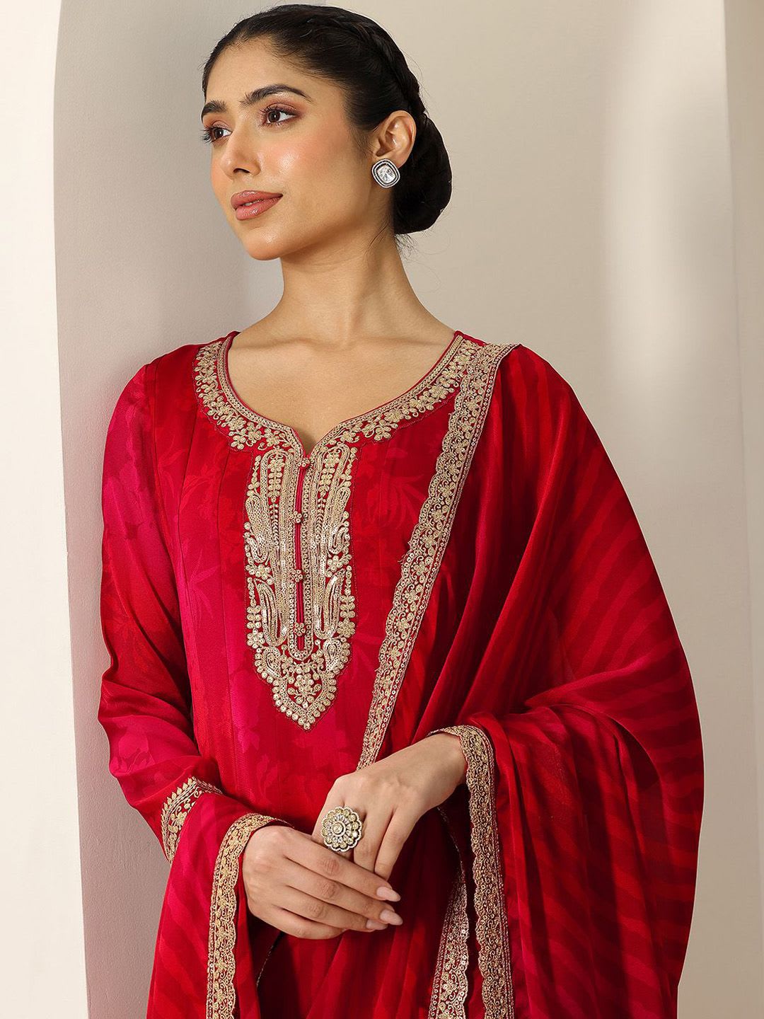 Libas Womens Red Printed Chiffon Anarkali Kurta With Trousers & Dupatta - default view