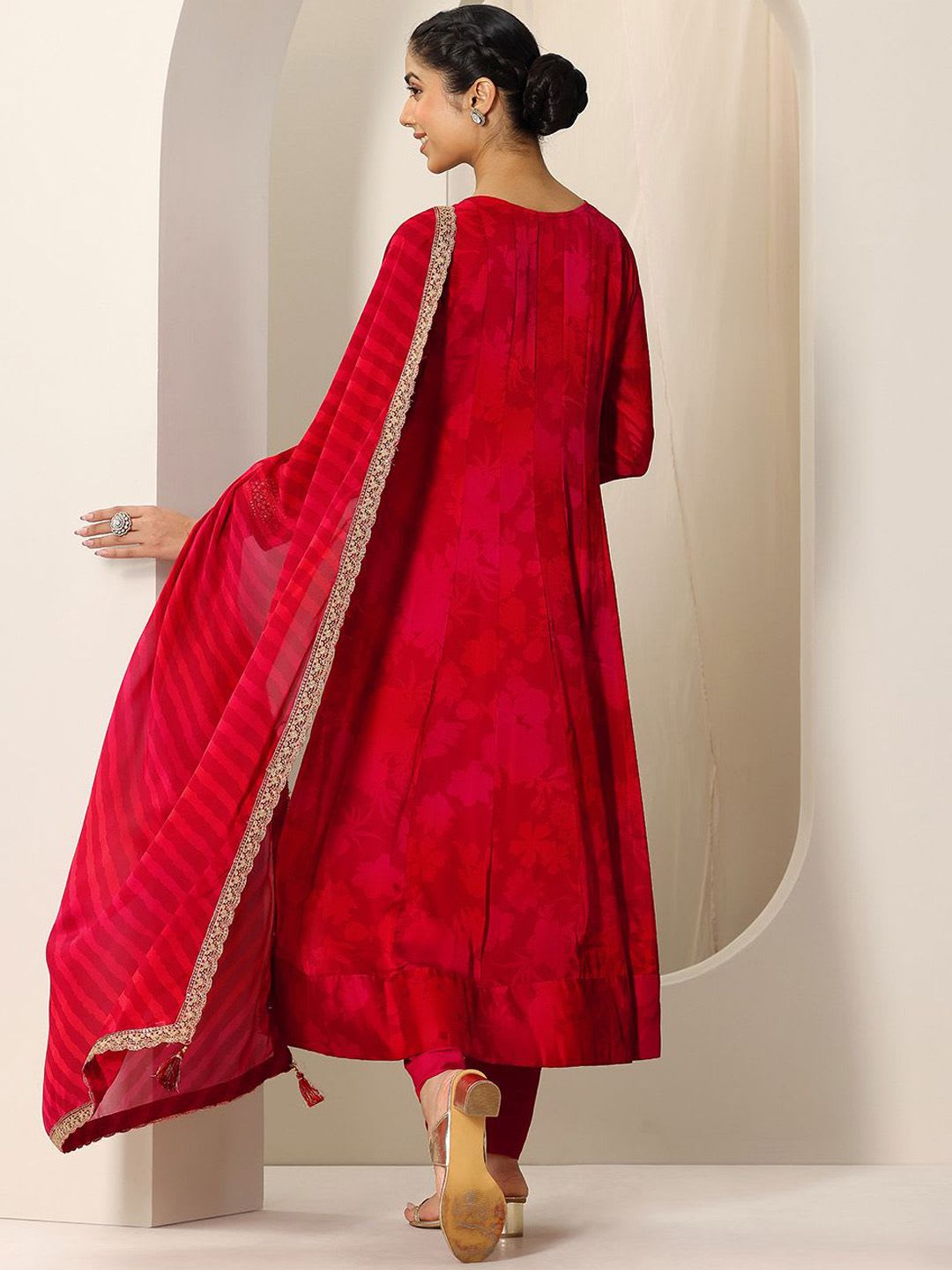 Libas Womens Red Printed Chiffon Anarkali Kurta With Trousers & Dupatta - left view