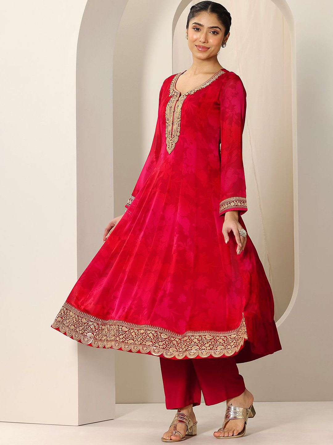 Libas Womens Red Printed Chiffon Anarkali Kurta With Trousers & Dupatta - right view