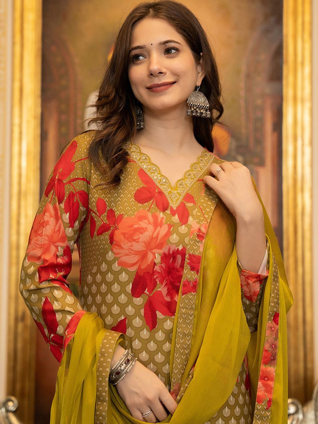 KALINI Women Floral Printed Regular Sequinned Kurta with Trousers & With Dupatta - back view