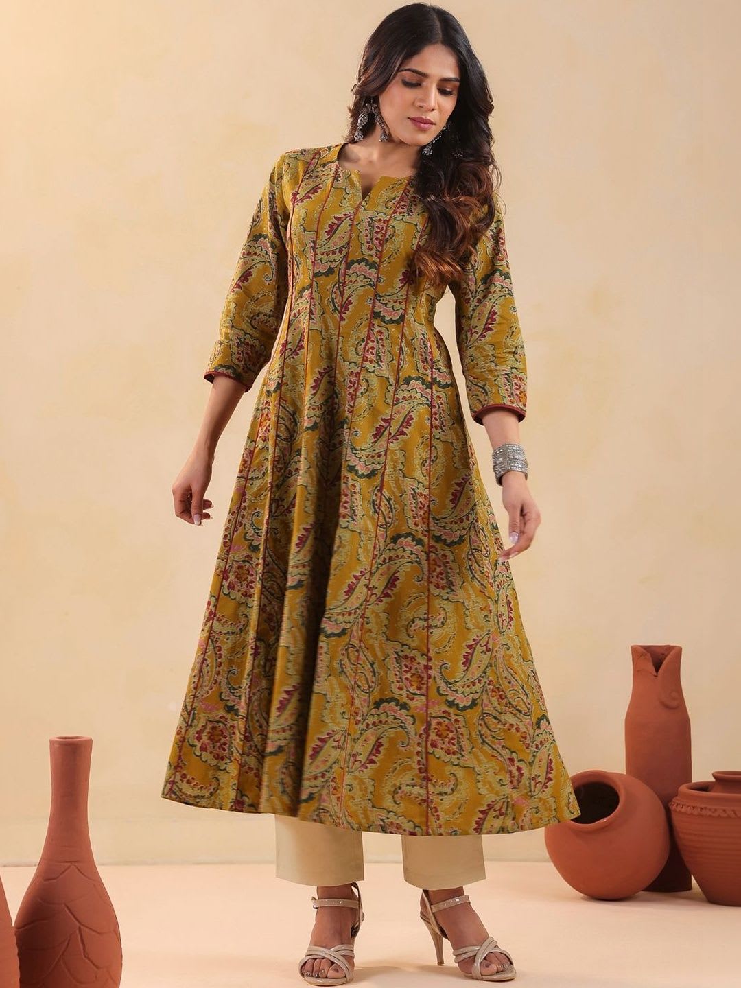 Rimeline Women Ethnic Motif Printed V-Neck A-Line Cotton Kurta - back view
