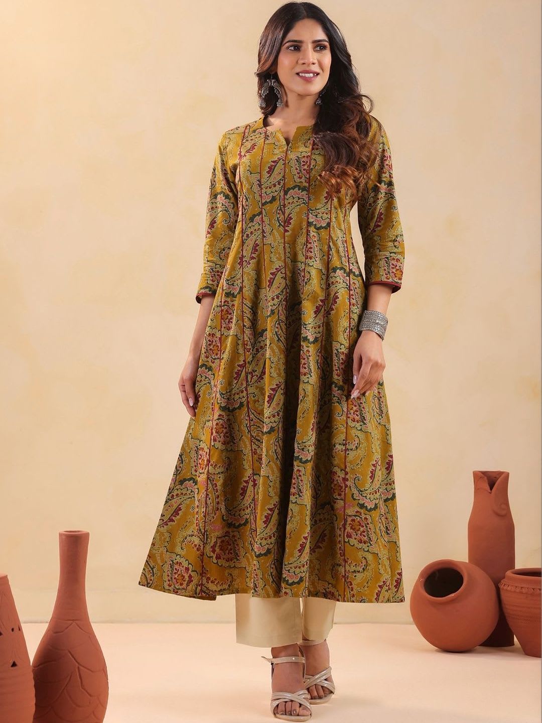 Rimeline Women Ethnic Motif Printed V-Neck A-Line Cotton Kurta - left view