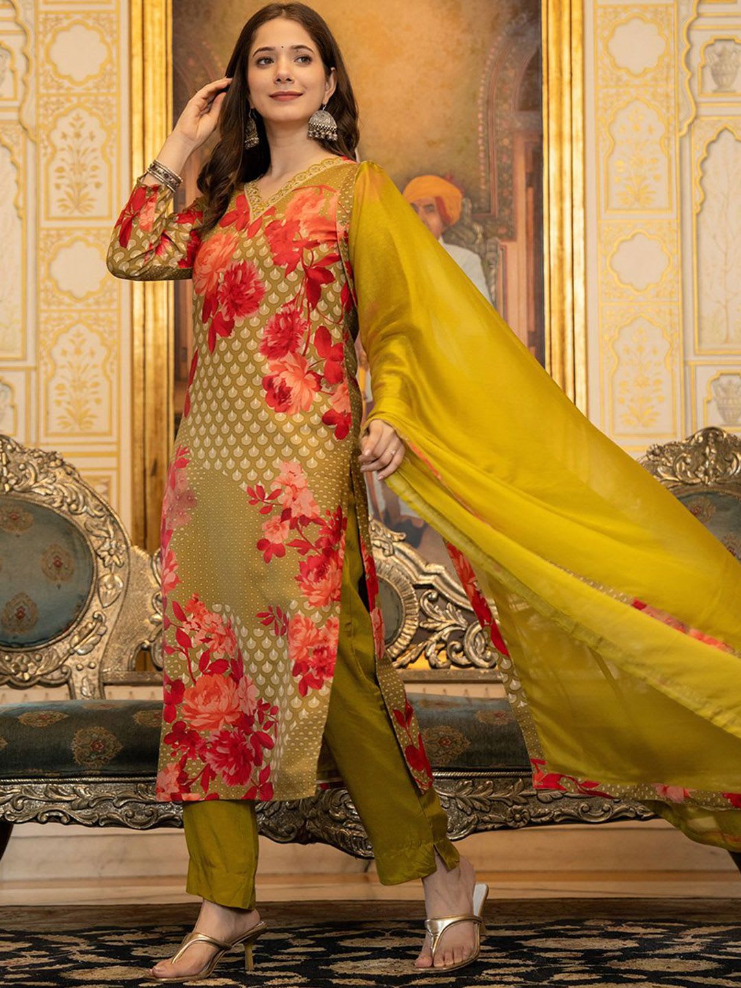 KALINI Women Floral Printed Regular Sequinned Kurta with Trousers & With Dupatta - left view