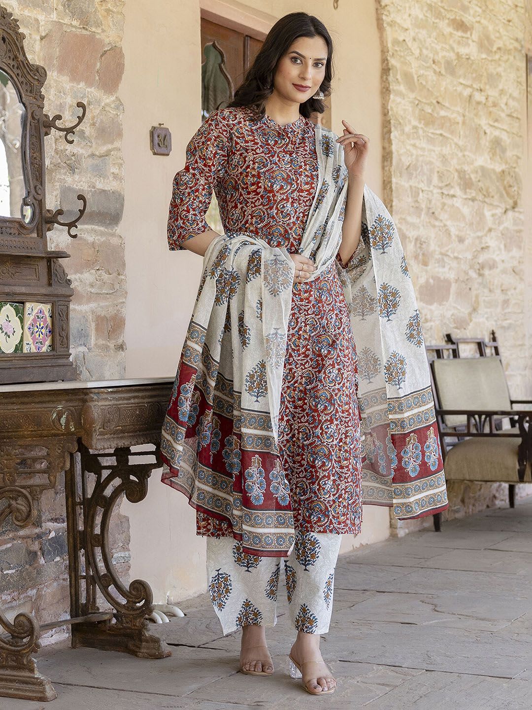 Nayo Women Maroon & Cream-Coloured Printed Kurta with Palazzos & Dupatta - back view