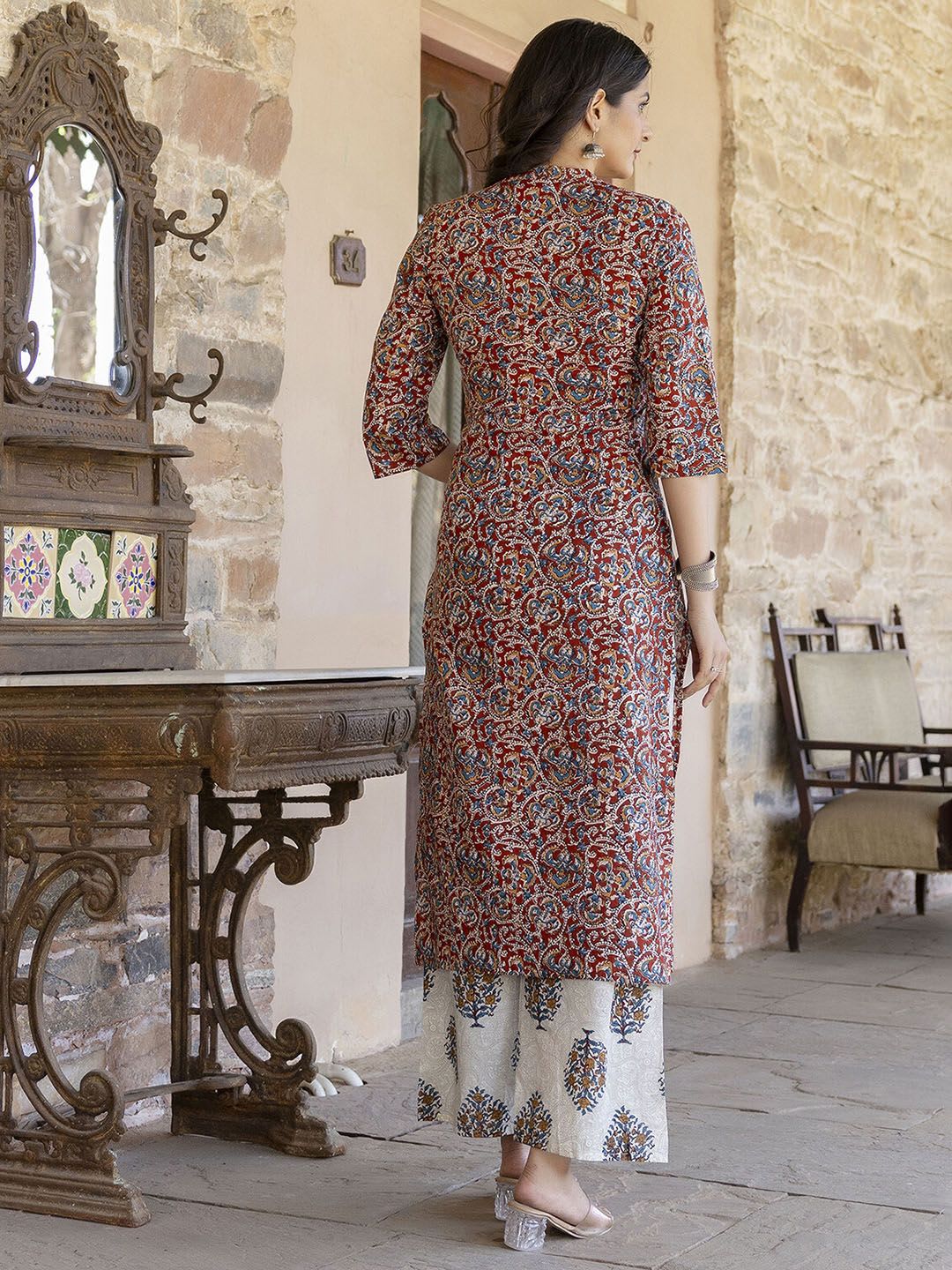 Nayo Women Maroon & Cream-Coloured Printed Kurta with Palazzos & Dupatta - left view