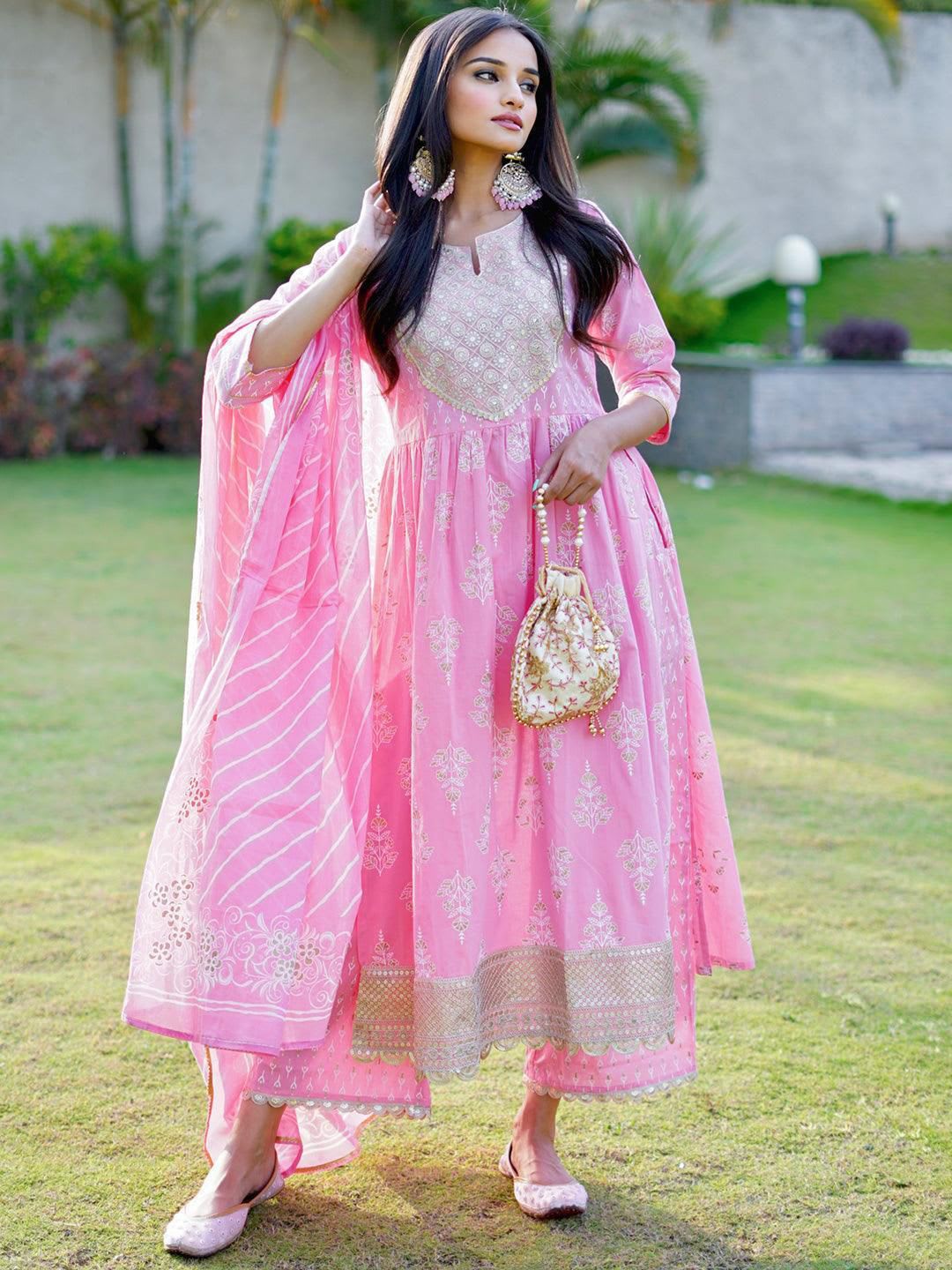 Libas Womens Pink Yoke Design Cotton Anarkali Kurta With Palazzos & Dupatta - default view
