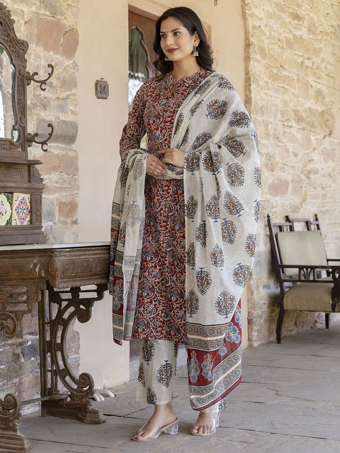 Nayo Women Maroon & Cream-Coloured Printed Kurta with Palazzos & Dupatta - right view