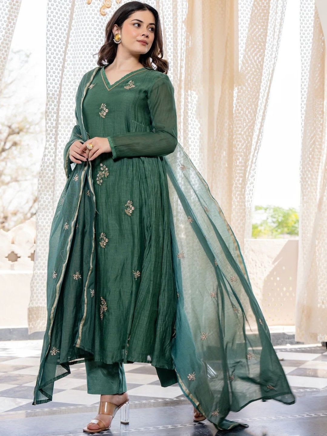 KALINI Women Ethnic Motifs Embroidered Panelled Thread Work Pure Cotton Kurta with Trousers & With Dupatta - right view
