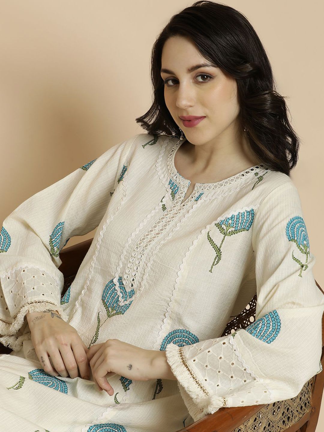 Anouk Off-White & Blue Printed Notch Neck Schiffli Work Cotton A-Line Kurta & Trouser - left view
