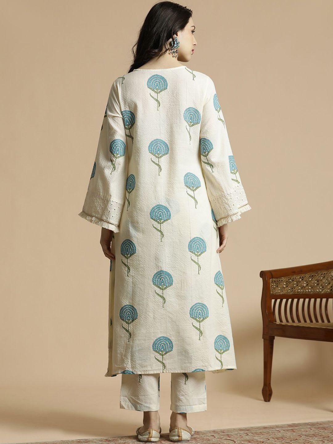 Anouk Off-White & Blue Printed Notch Neck Schiffli Work Cotton A-Line Kurta & Trouser - right view
