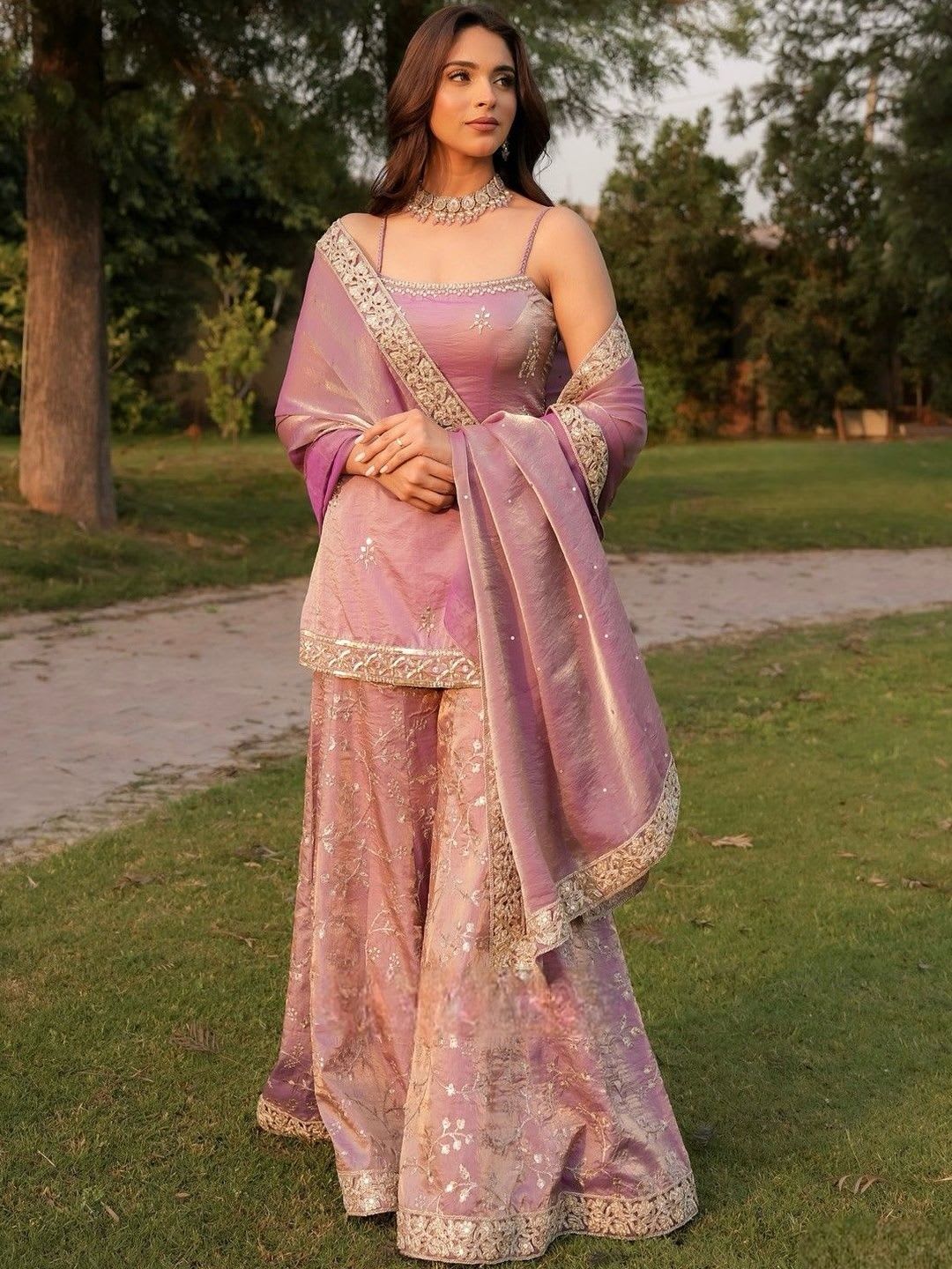 ELIINDRA Women Ethnic Motifs Embroidered Regular Thread Work Kurta With Sharara & Dupatta - default view