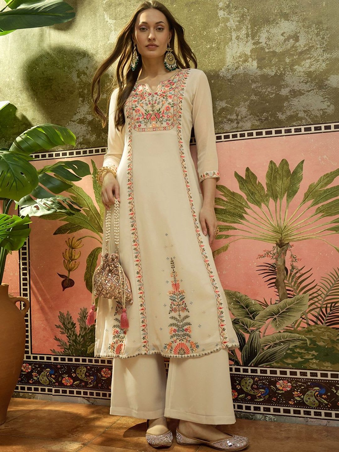 Sangria Embroidered Georgette Round Neck Kurta & Palazzos Kurta Set - default view
