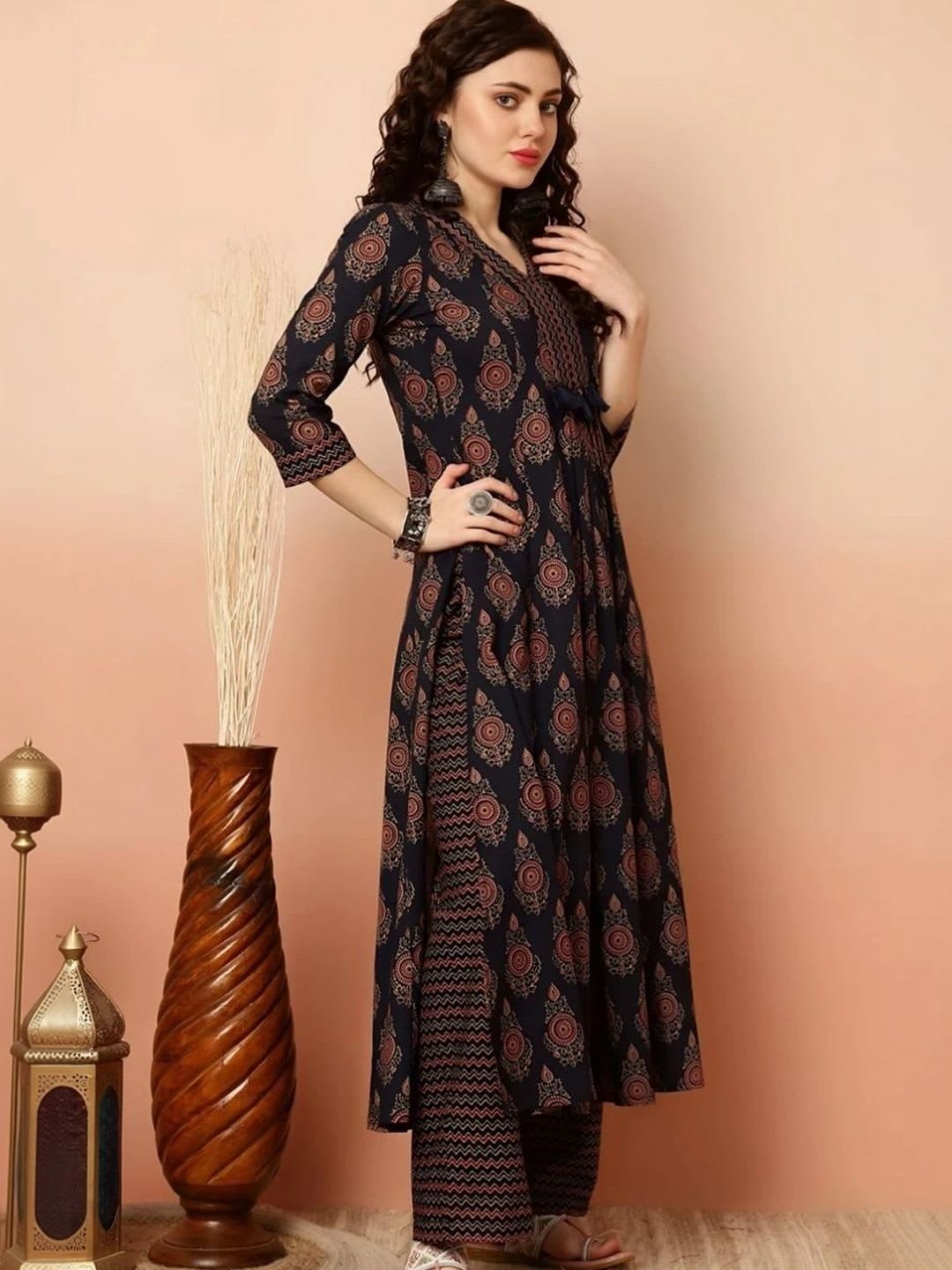 PinkLabel Ethnic Motifs Printed Regular Pure Cotton Kurta With Trousers & Dupatta - left view