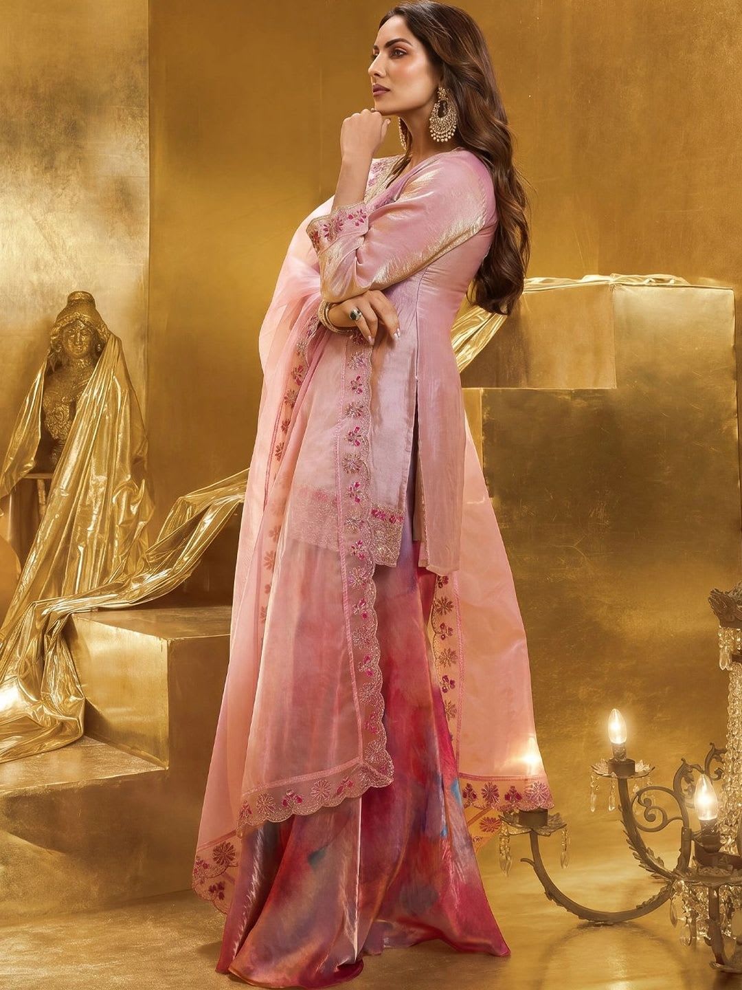 Inddus Women Embroidered Crushed Organza Silk Kurta Set with Dupatta - back view