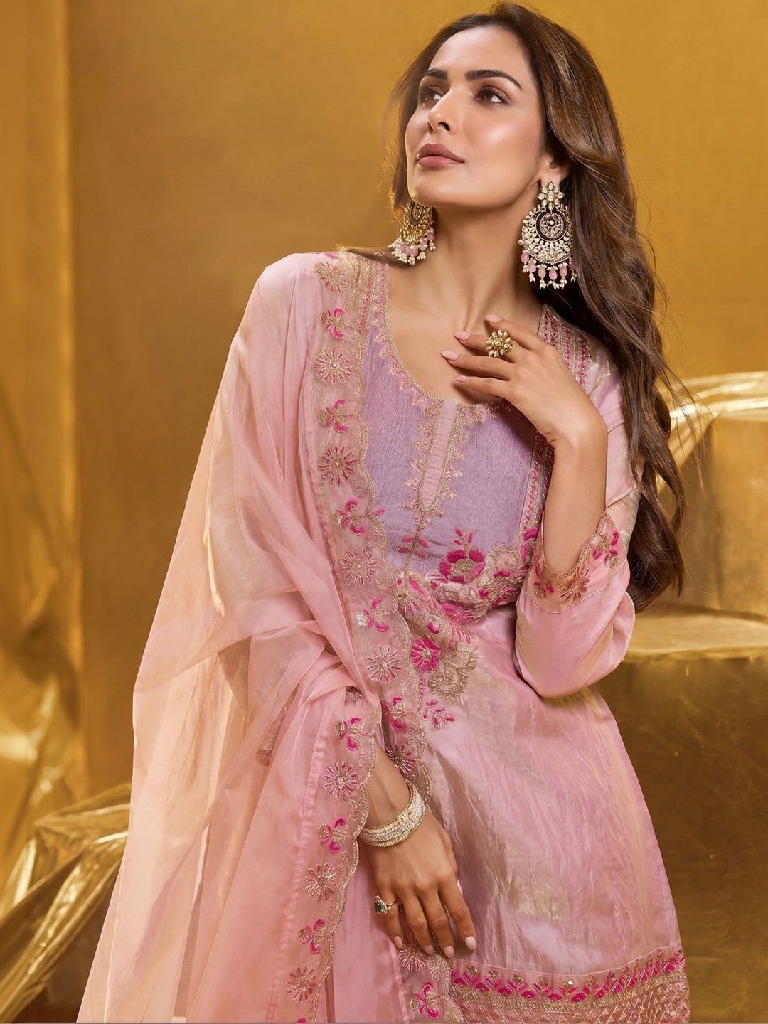 Inddus Women Embroidered Crushed Organza Silk Kurta Set with Dupatta - right view