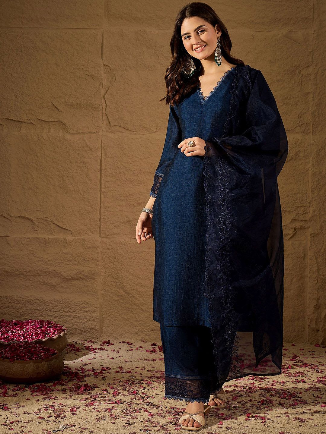 House of Pataudi Embroidered V Neck Kurta Trouser & Dupatta Set - default view