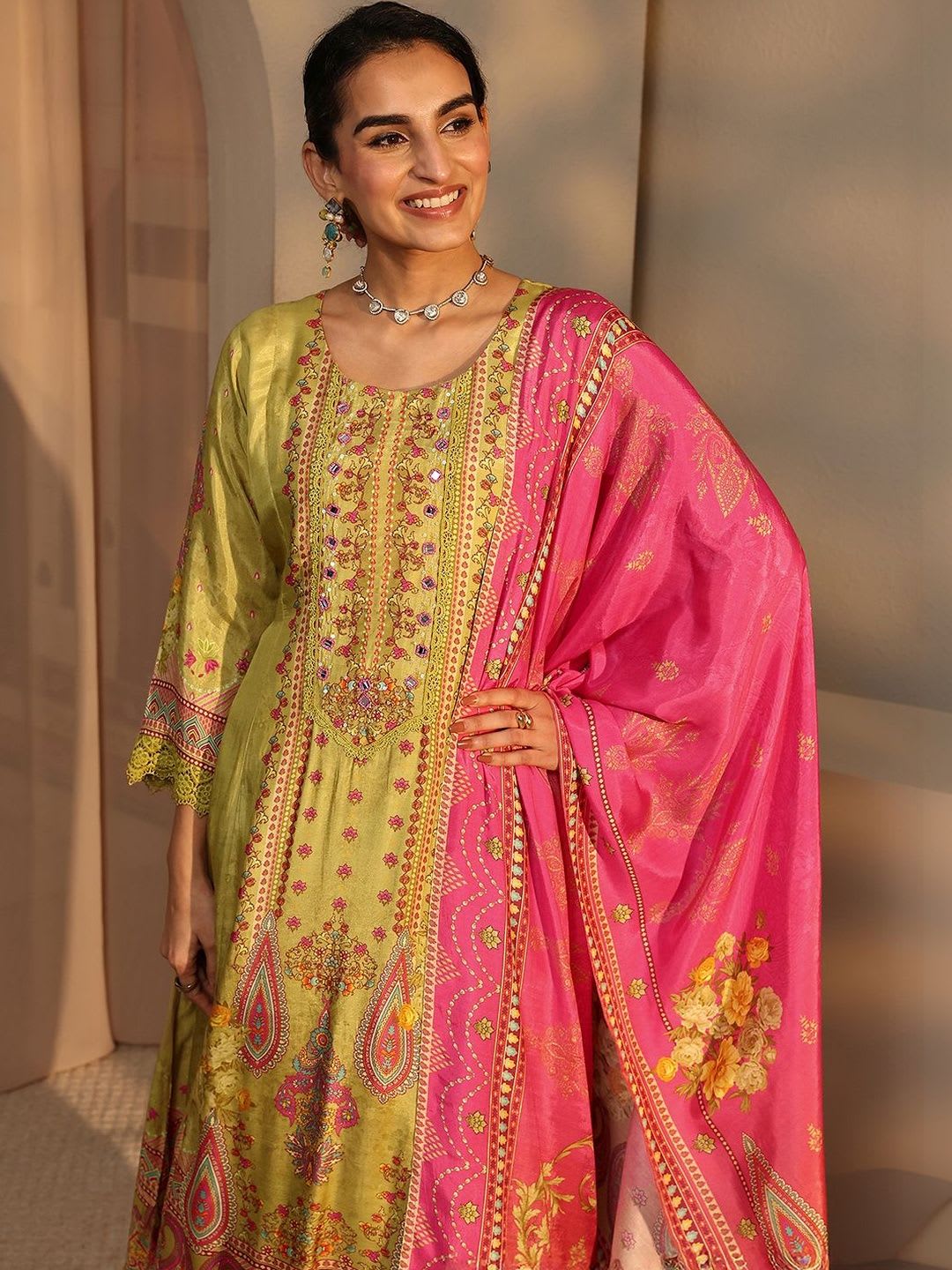 Libas Women Paisley Printed Regular Mirror Work Kurta with Trousers & With Dupatta - right view