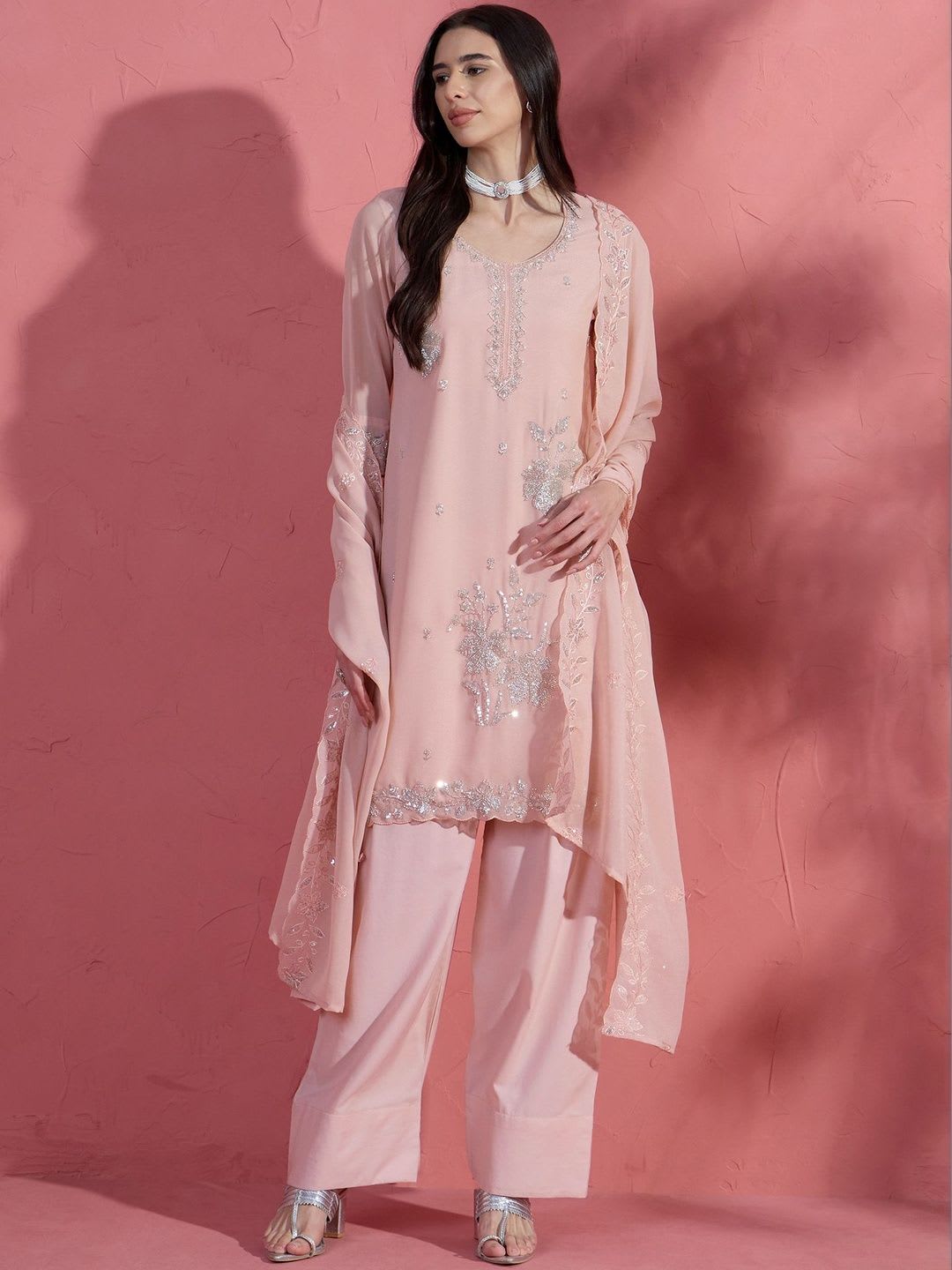 House of Pataudi Embroidered Round Neck Kurta & Trousers With Dupatta - default view