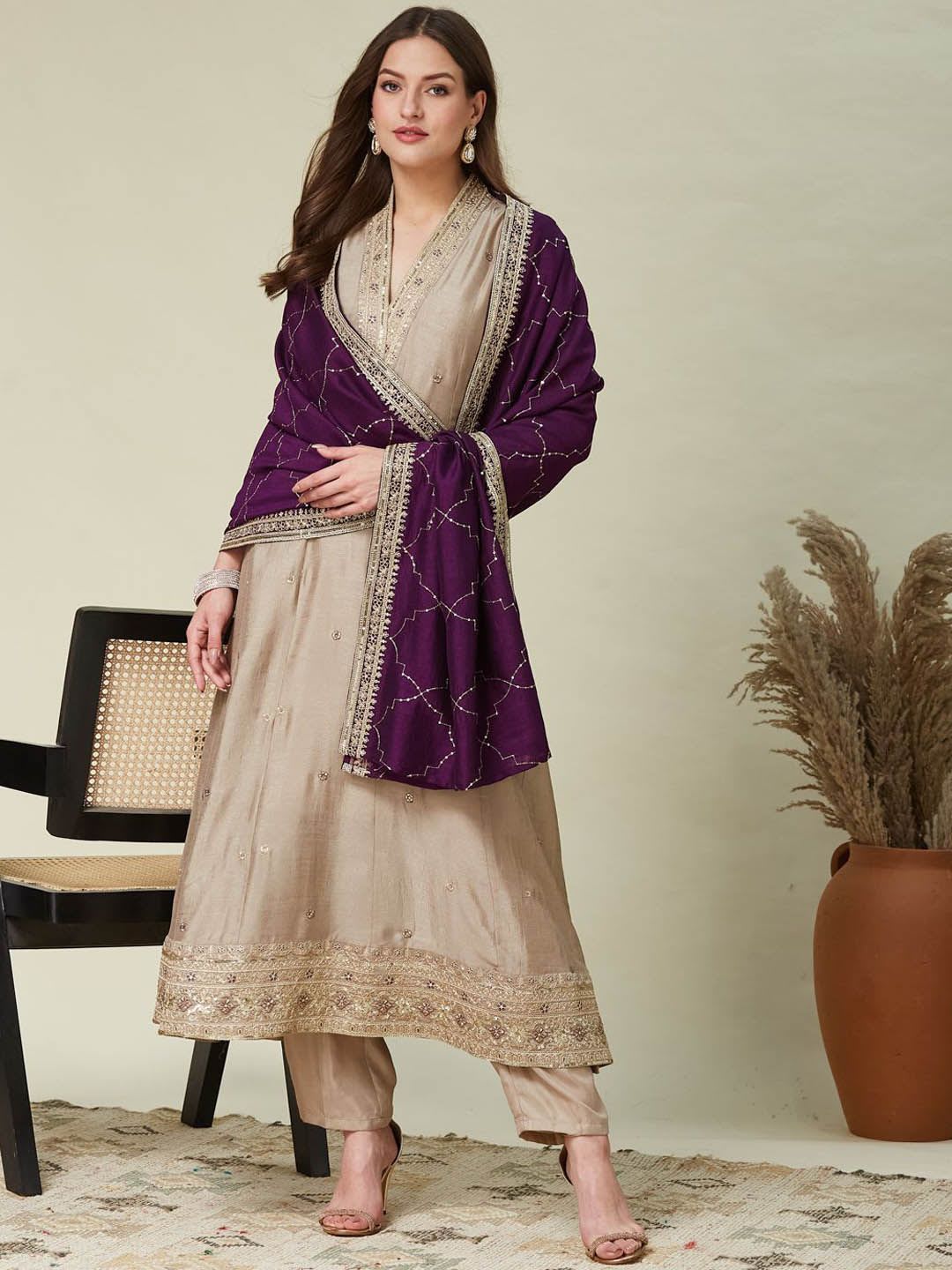MOKOSH Women Silk Embroidered Anarkali Kurta and Pant with Dupatta Set - default view