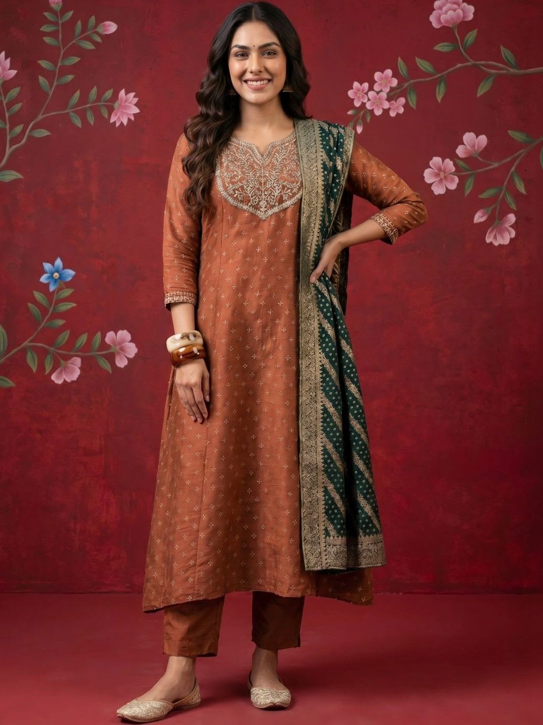 Sangria Women Ethnic Motifs Embroidered Regular Thread Work Kurta with Trousers & With Dupatta - default view