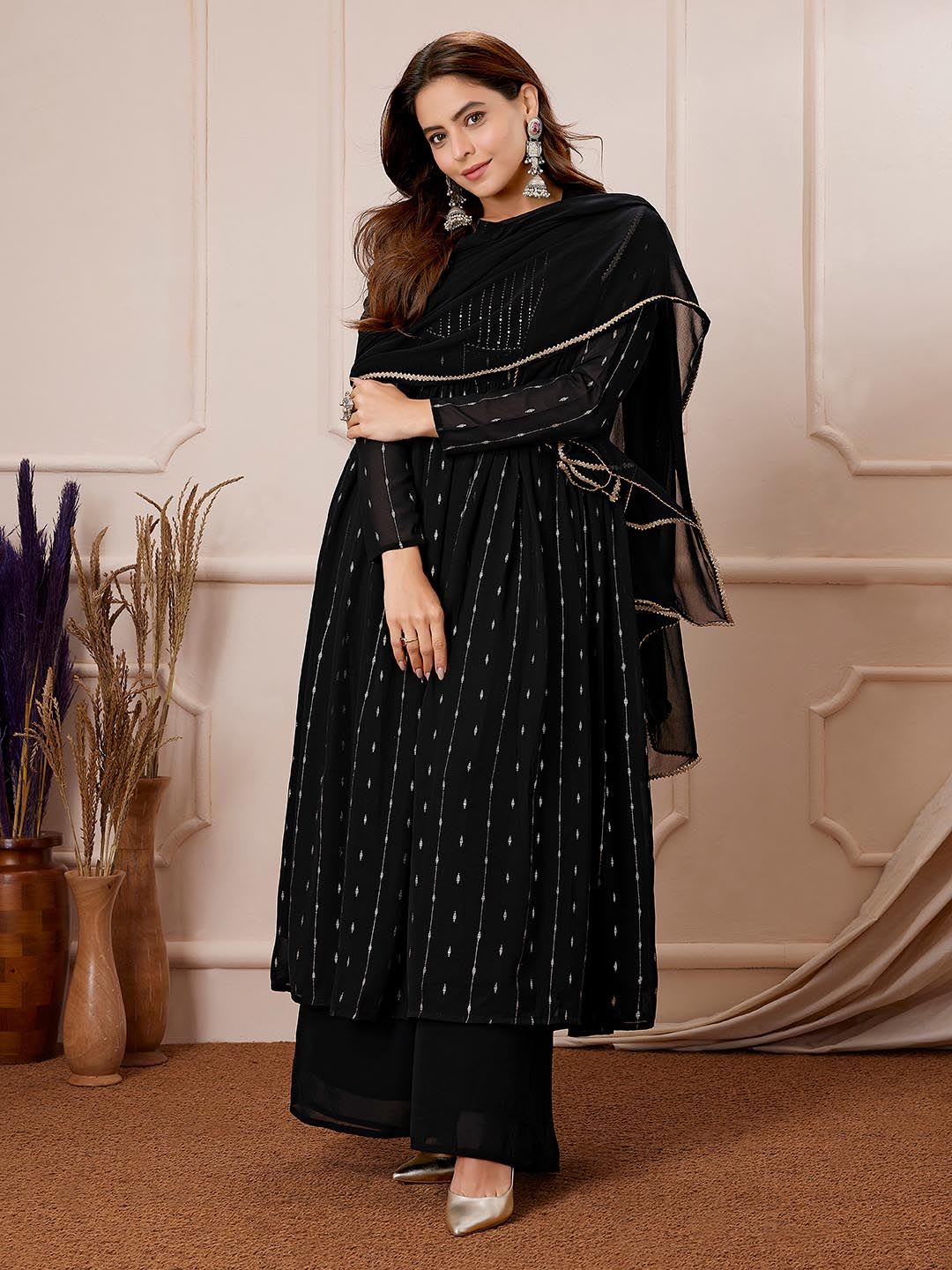 Janasya Women's Black Georgette Foil Printed Anarkali Kurta With Palazzo Set - default view