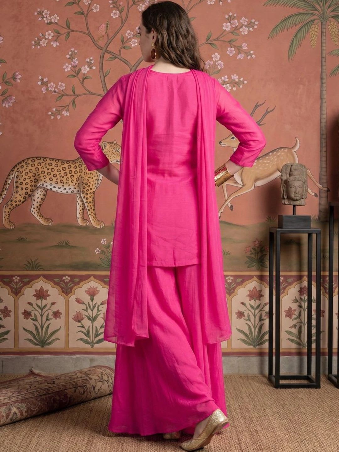 Sangria Women Ethnic Motifs Embroidered Regular Thread Work Kurta with Sharara & With Dupatta - back view