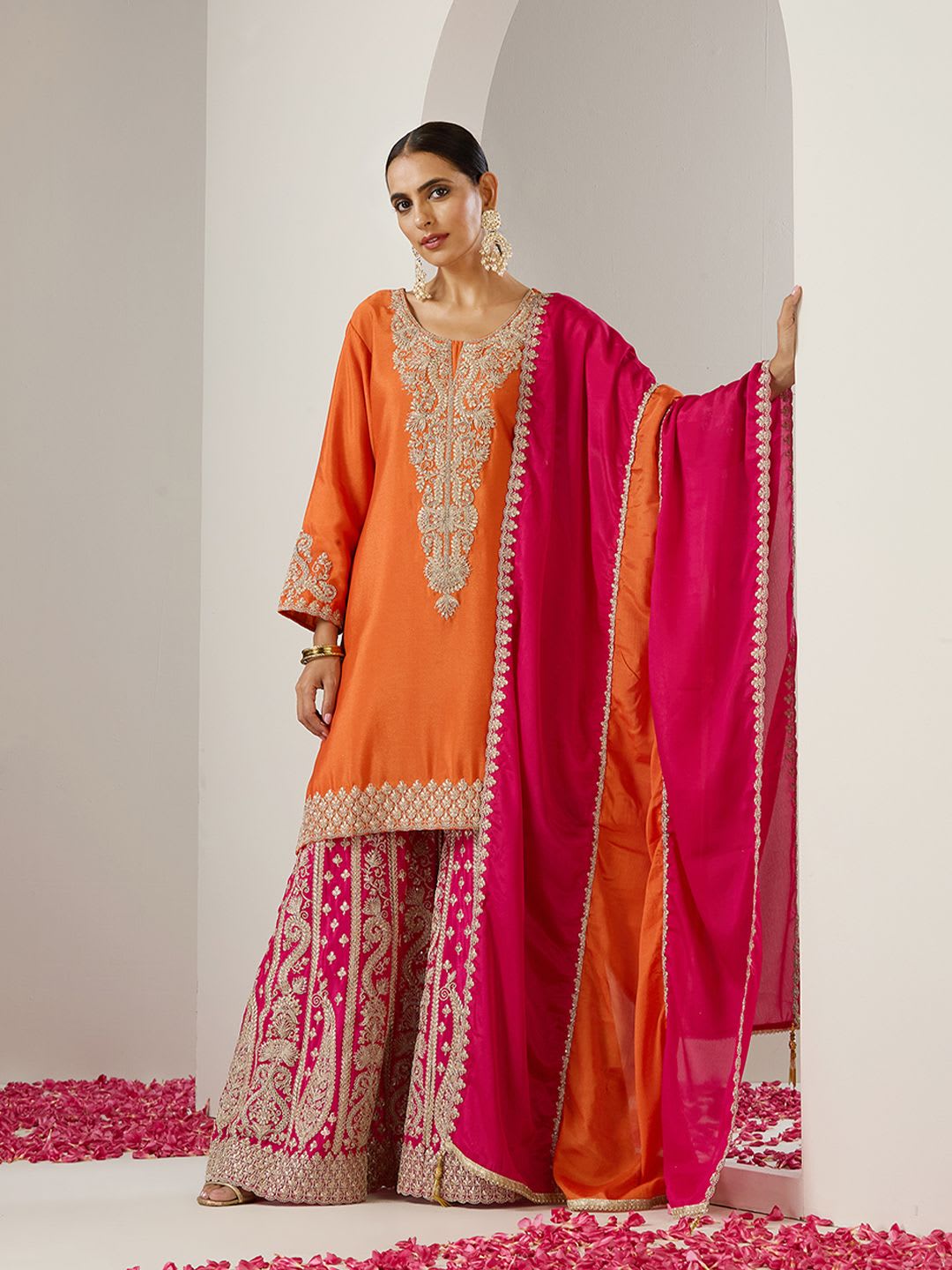 Ishin Orange Ethnic Motifs Embroidered Chinon Straight Republic Day Kurta With Sharara & Dupatta - default view