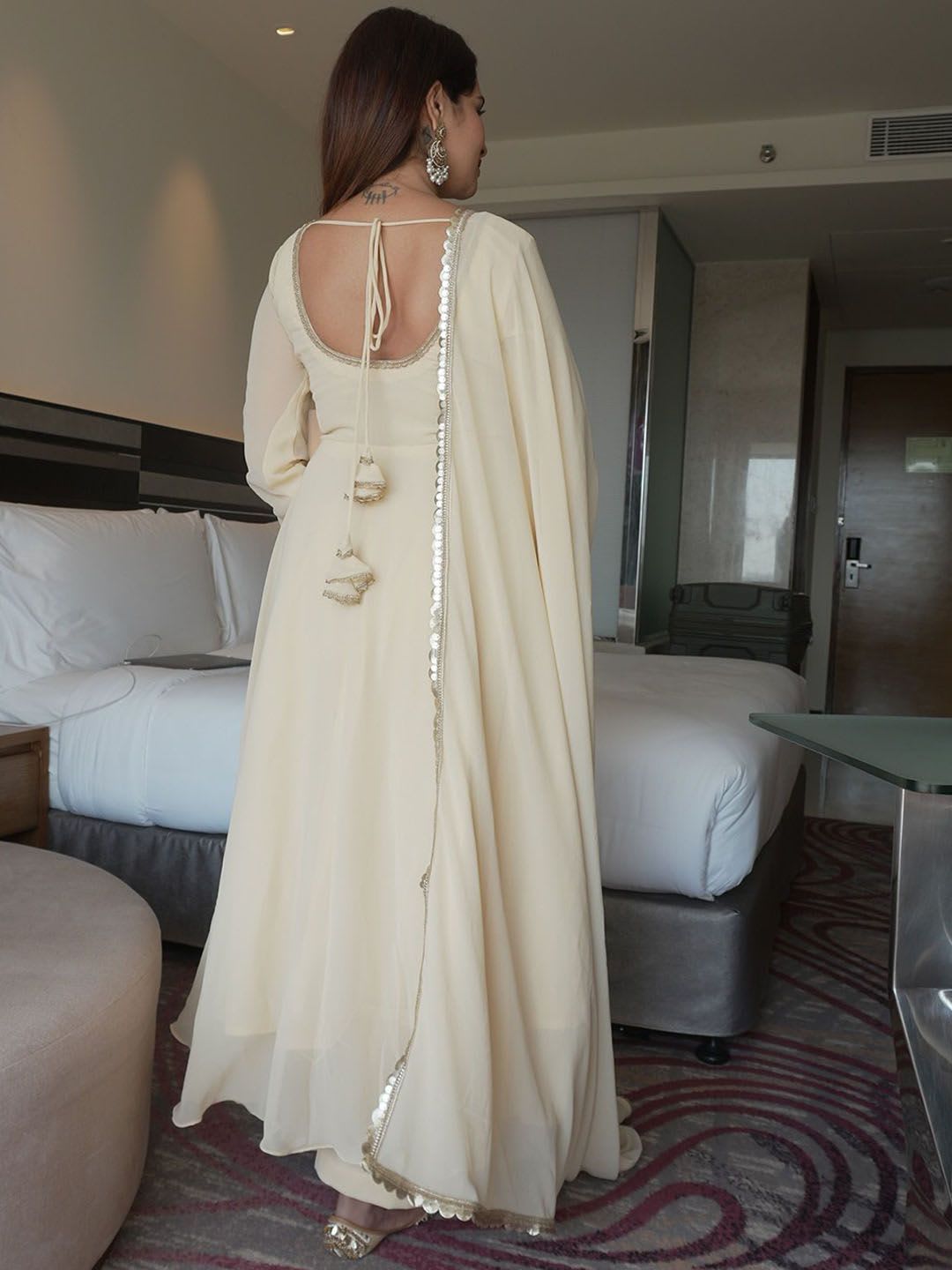 Anouk Rustic Round Neck Angrakha Kurta With Trousers & Dupatta - back view