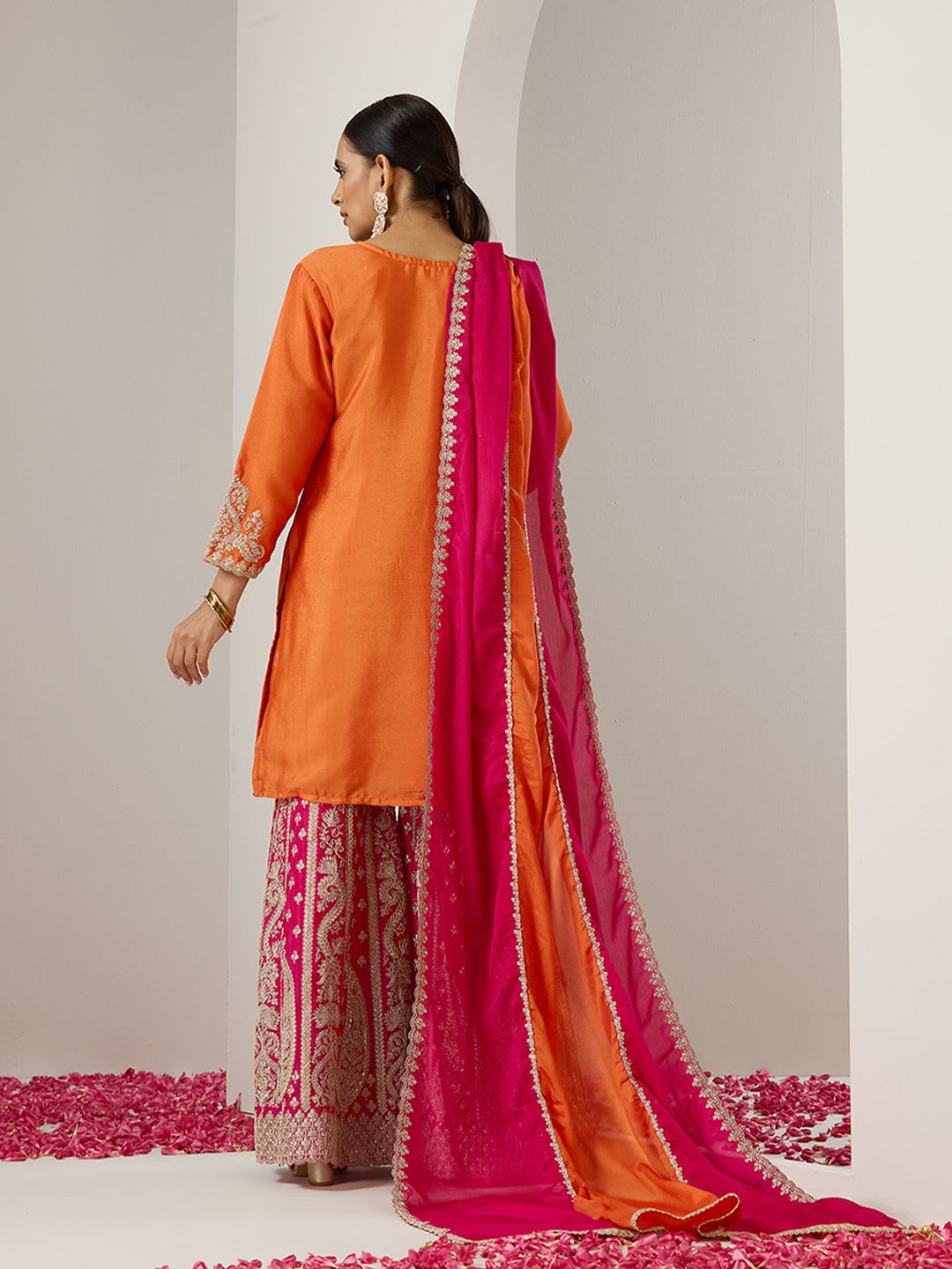Ishin Orange Ethnic Motifs Embroidered Chinon Straight Republic Day Kurta With Sharara & Dupatta - back view