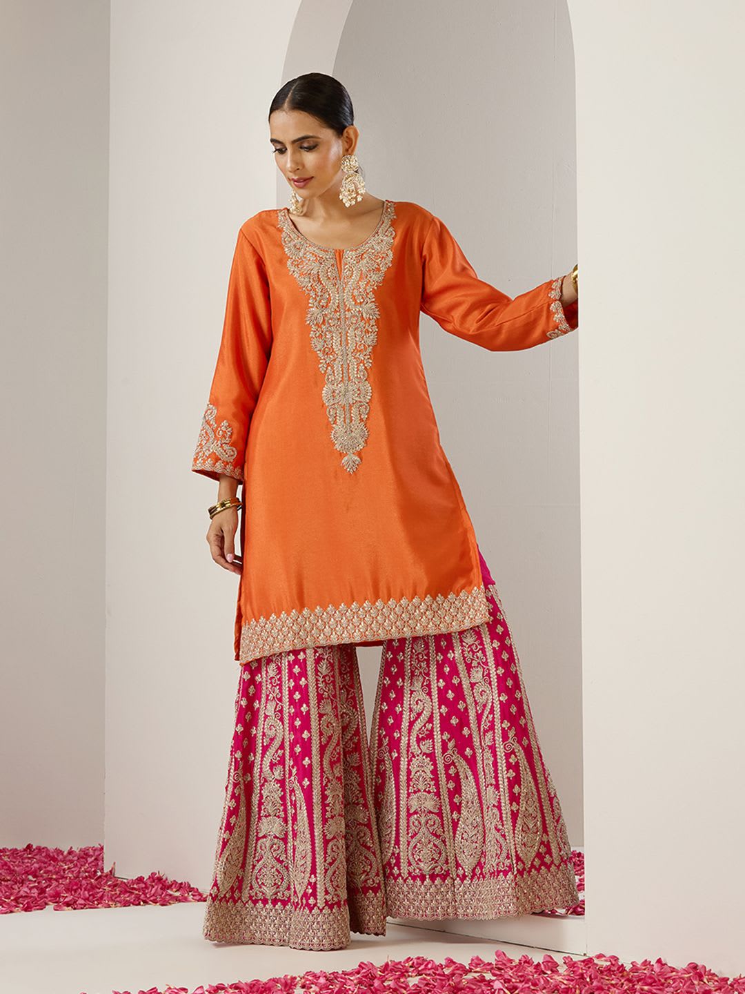 Ishin Orange Ethnic Motifs Embroidered Chinon Straight Republic Day Kurta With Sharara & Dupatta - left view