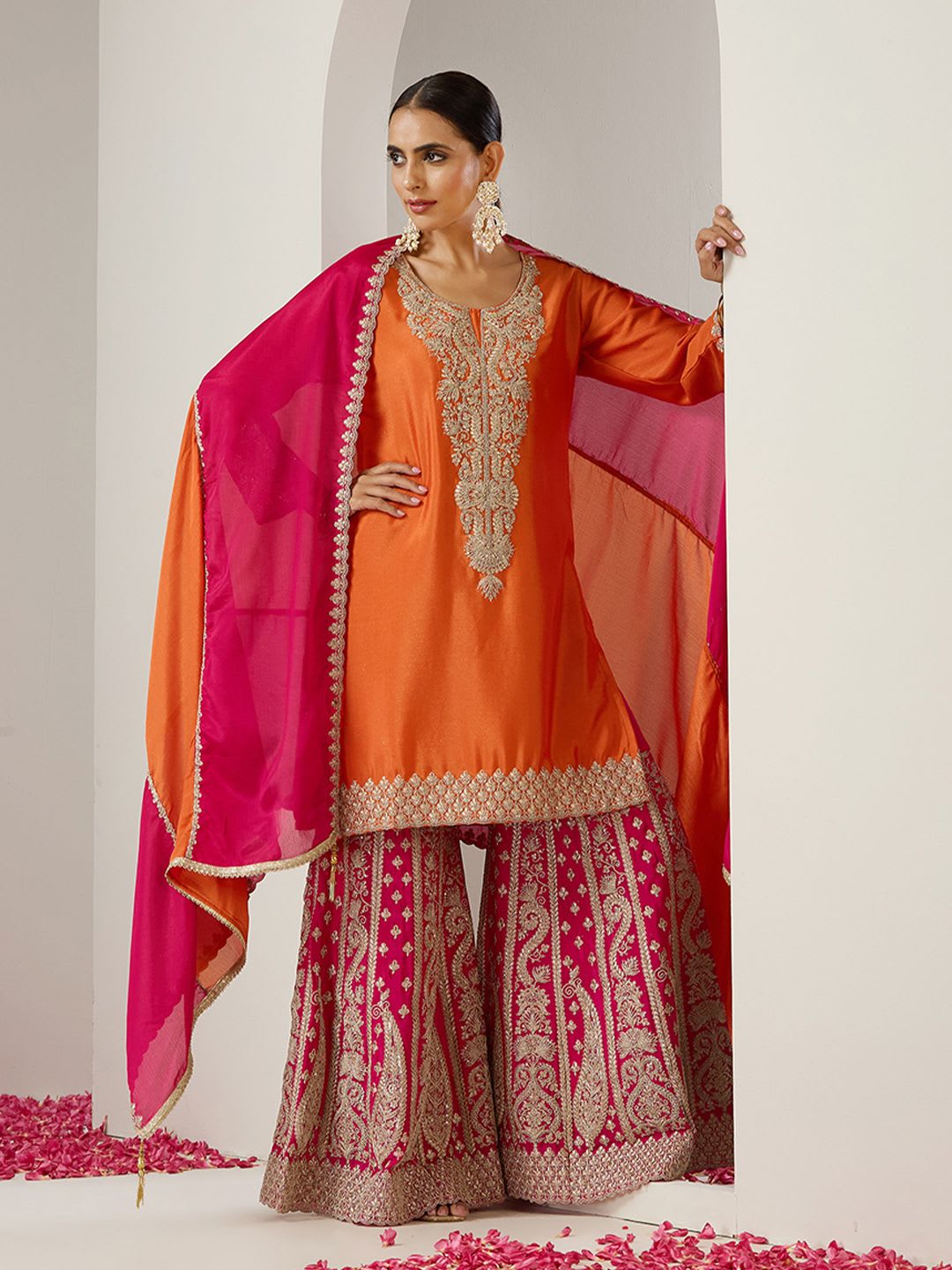 Ishin Orange Ethnic Motifs Embroidered Chinon Straight Republic Day Kurta With Sharara & Dupatta - right view