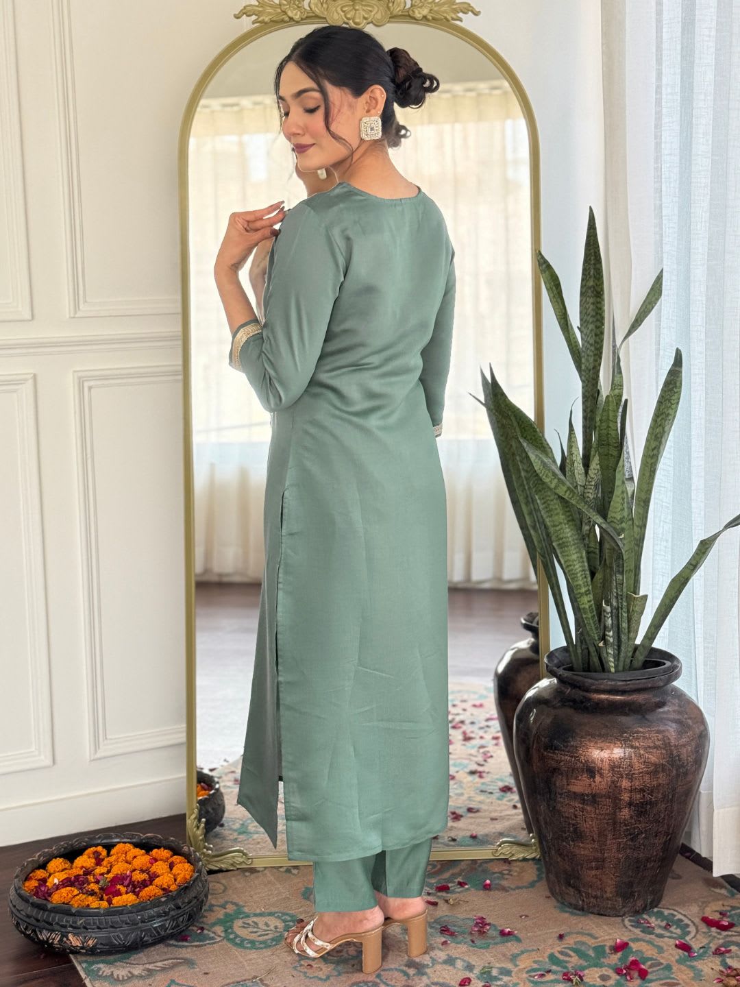 KALINI Women Embroidered Regular Kurta with Trousers & With Dupatta - right view