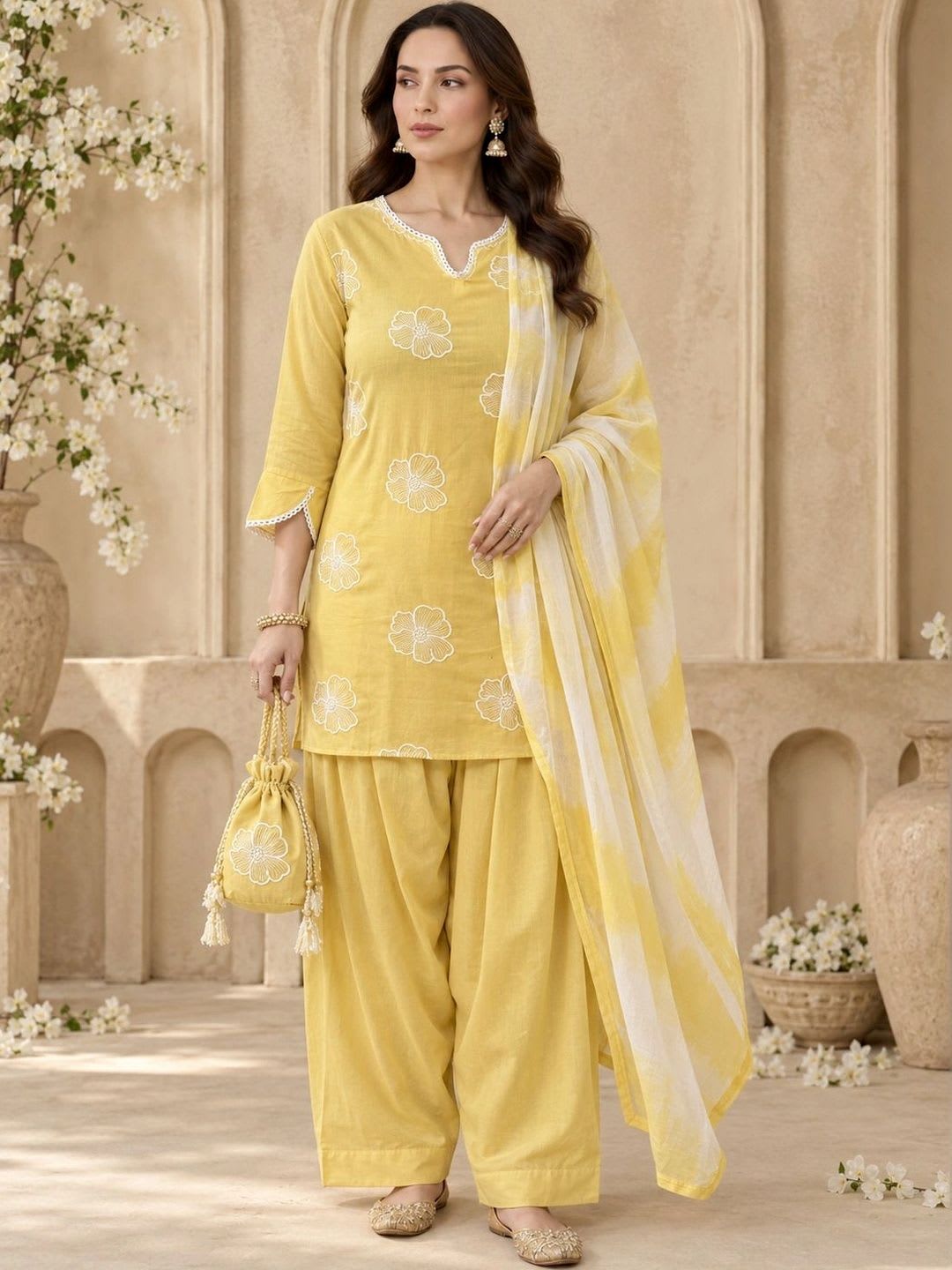 Anouk Women Floral Embroidered Regular Thread Work Pure Cotton Kurta Farshi Salwar with Dupatta - default view