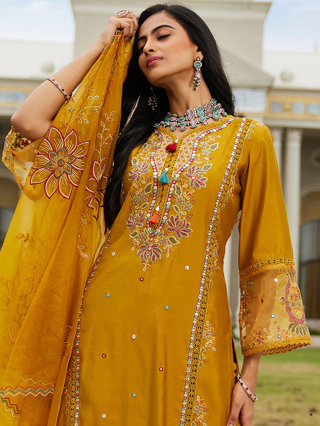 Indo Era Women Ethnic Motifs Embroidered Regular Mirror Work Kurta with Trousers & With Dupatta - default view