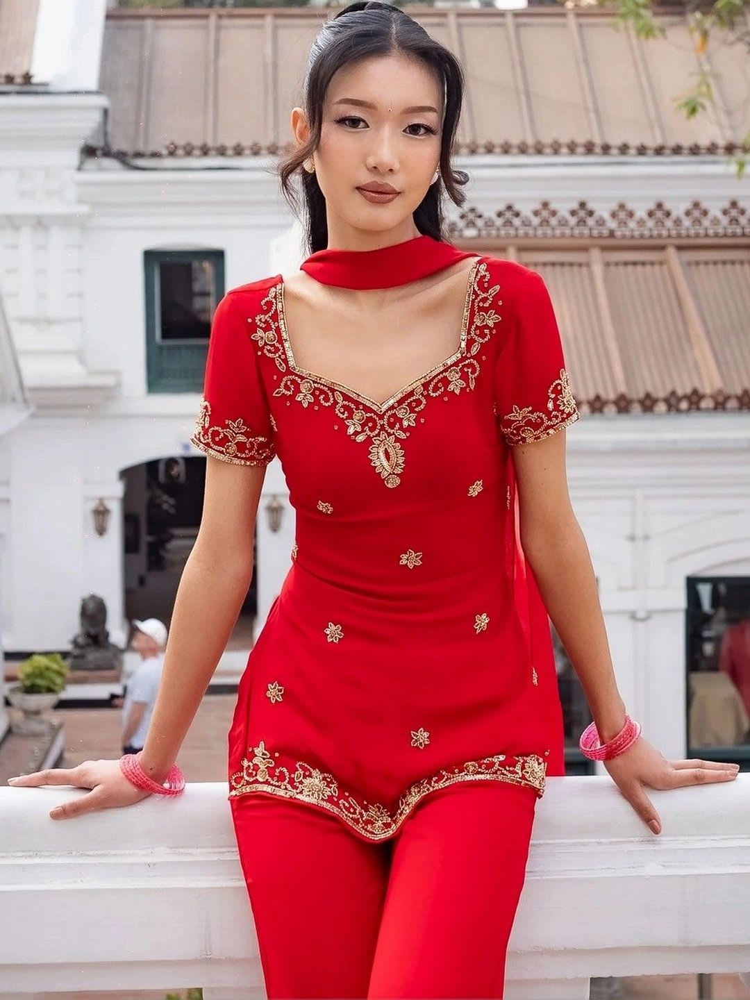 HERE&NOW Women Ethnic Motifs Embroidered Regular Kurta with Palazzos & With Dupatta - default view