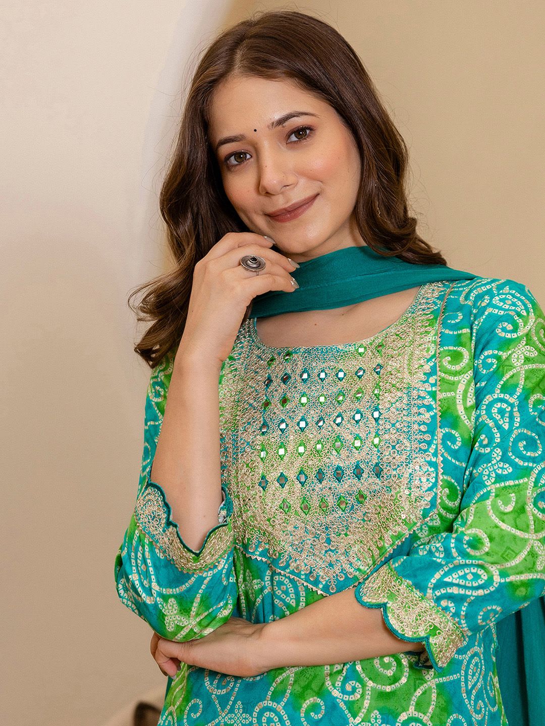 SKYLEE Bandhani Printed Round Neck Mirror Work Straight Kurta With Trousers & Dupatta - default view